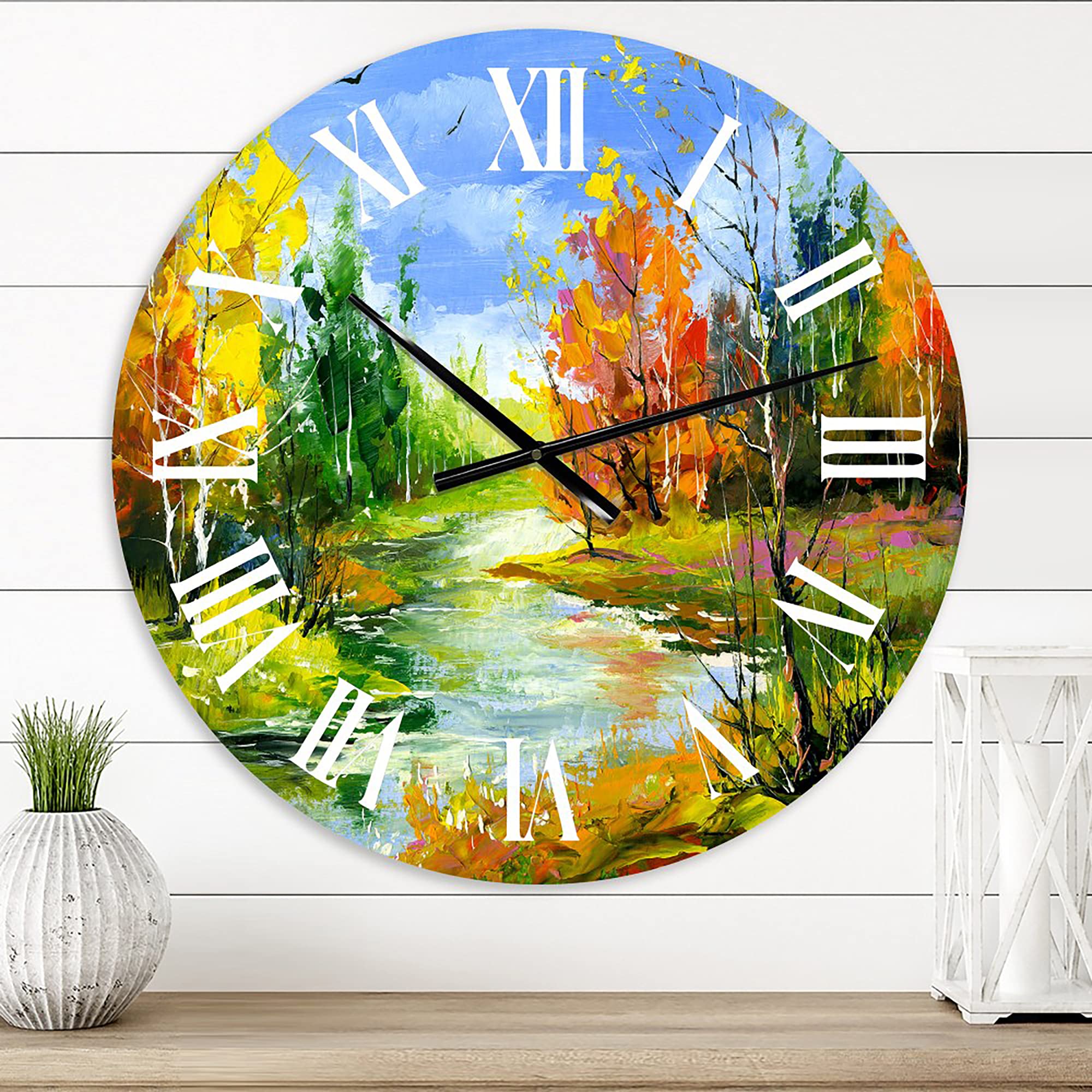 DesignQ Lake House Wall Clock 'Autumn Landscape with The Wood River' - Large Nature-Inspired Wall Clock for Kitchen, Living Room, Bedroom & Office Decor - Perfect Rustic Home Décor Gift