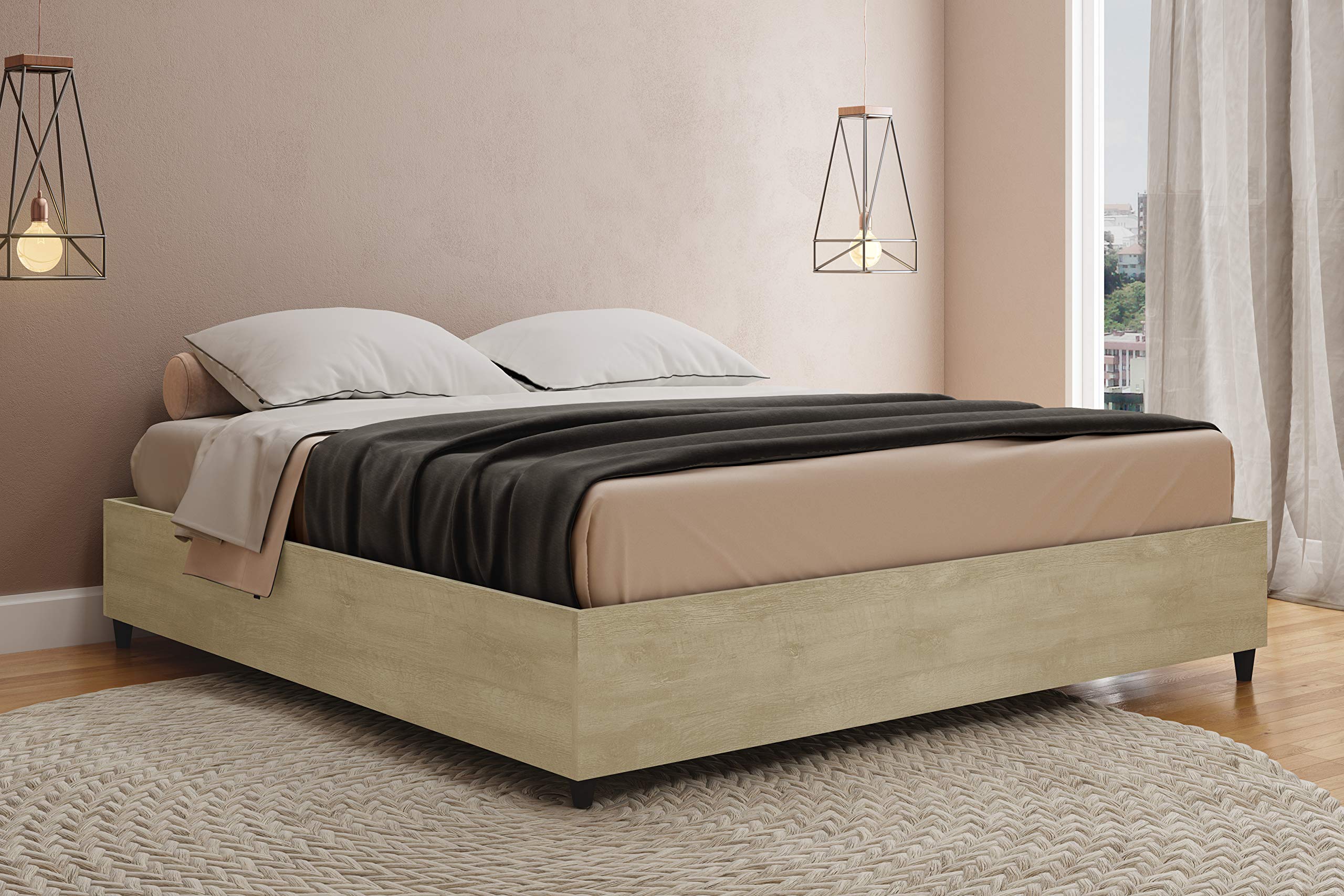 King Size Wood Slat Support Platform Bed Frame in Sand Color - Sturdy & Modern Design for Master Bedroom or Guest Room
