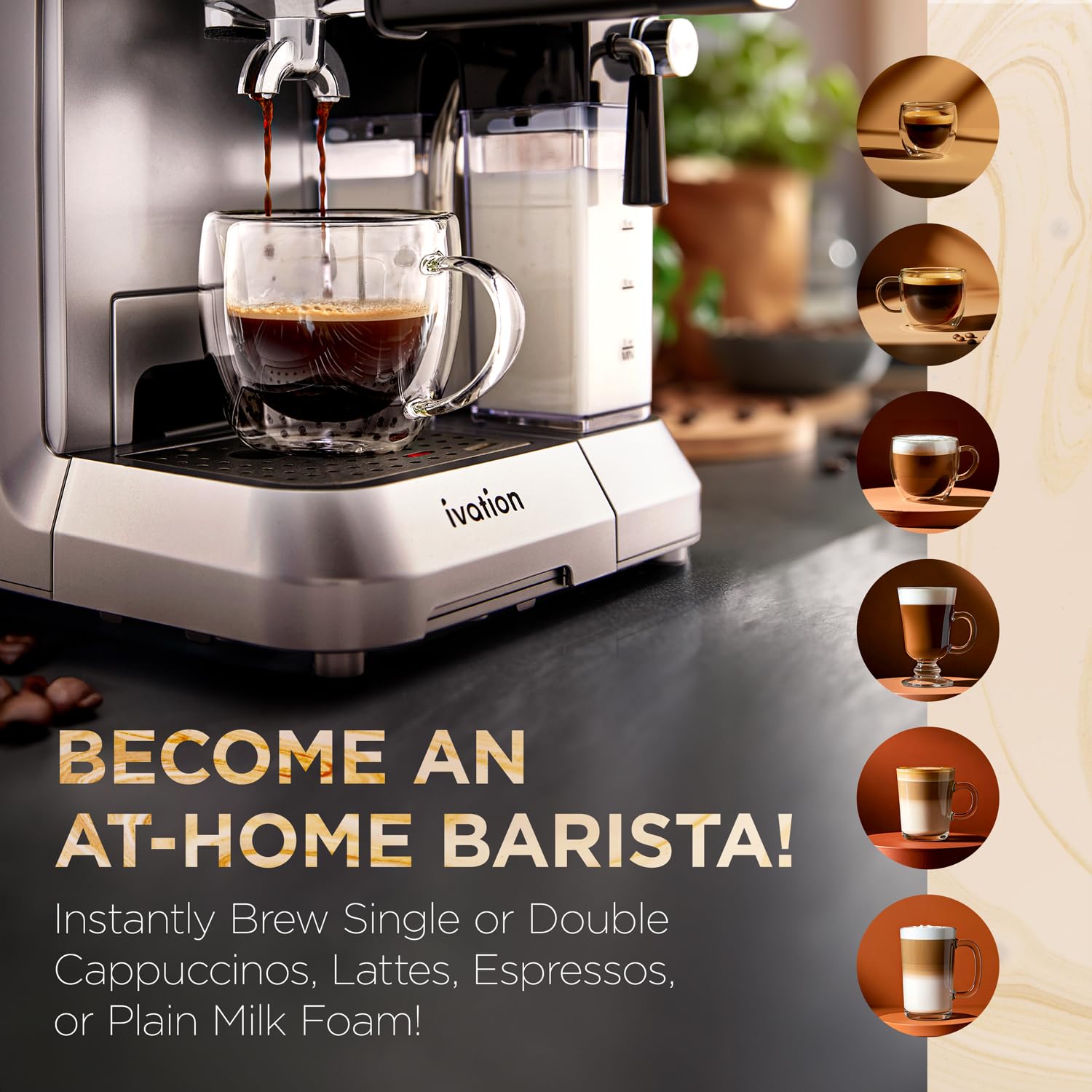 Ivation 58mm Espresso & Cappuccino Machine with Milk Frother - Home Coffee Maker for Single & Double Shots - Makes Espresso, Latte, Cappuccino - Auto Clean & Descale Feature - Detachable Milk Reservoir - Perfect for Home Baristas & Coffee Lovers
