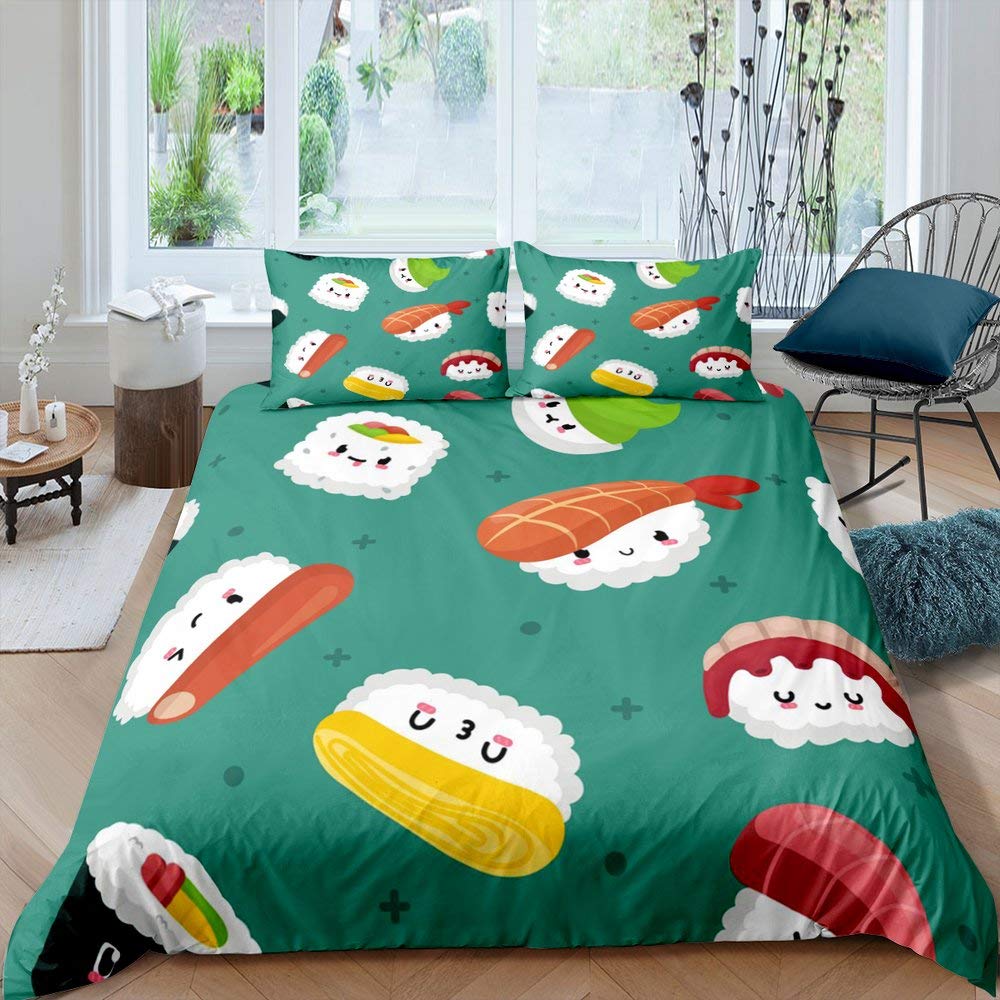 Erosebridal Sushi Duvet Cover Set - Kawaii Japanese Food Themed Twin Size Bedding for Kids, Teens & Adults - Soft Microfiber Comforter Cover with Cute Cartoon Design in Green | Perfect for Girls' Rooms, Teen Bedrooms & Anime Lover Home Decor
