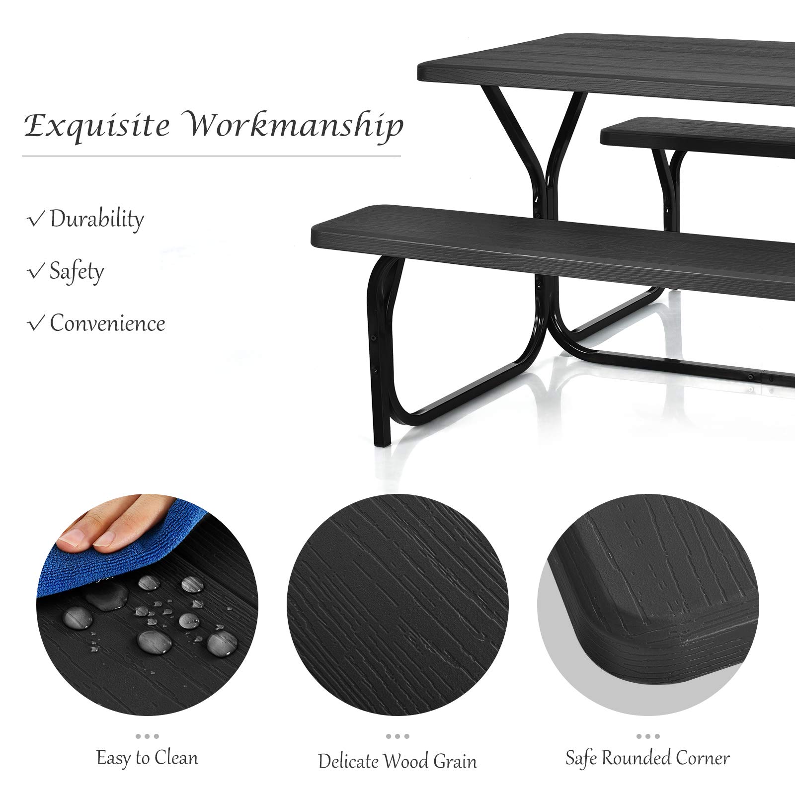 Giantex 6-Foot Outdoor Picnic Table Set - All-Weather Metal Frame with Wood-Like Texture - Heavy Duty Backyard, Poolside, Camping, Garden, Deck, Patio Furniture for Adults & Family Gatherings (Black)