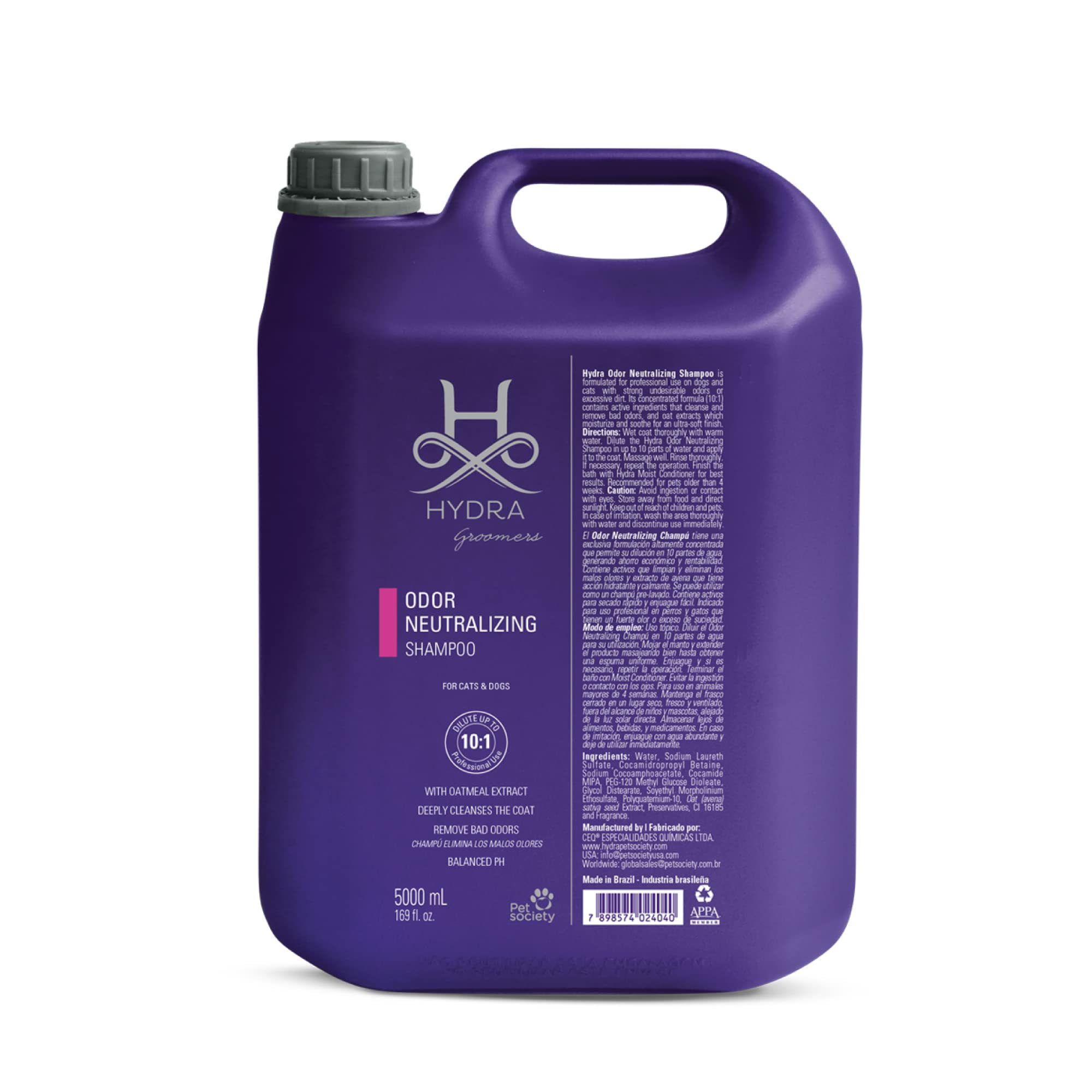 Hydra Professional Odor Neutralizing Pet Shampoo for Dogs & Cats - All Breed & Hair Type Formula - 169 fl.oz Large Bottle - Eliminates Strong Pet Smells for Fresher Home & Cuddles