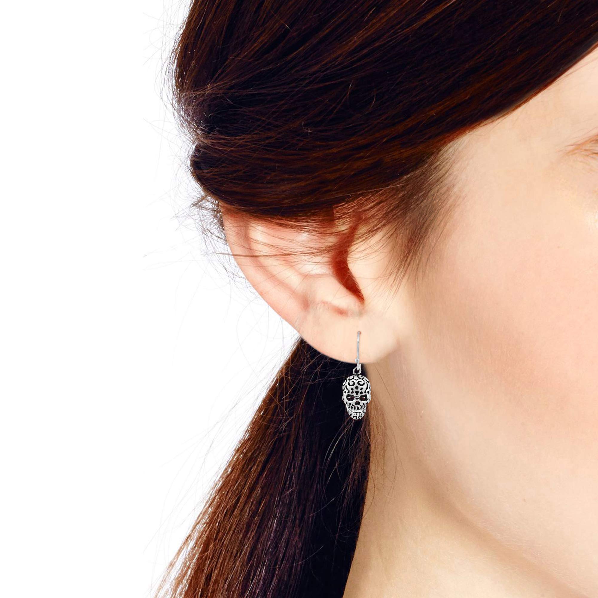 Menacing Tattooed Skull .925 Sterling Silver Dangle Earrings for Men & Women - Gothic Jewelry with Unique Pattern | Perfect for Punk Rock Concerts, Halloween Costumes & Edgy Fashion Statements