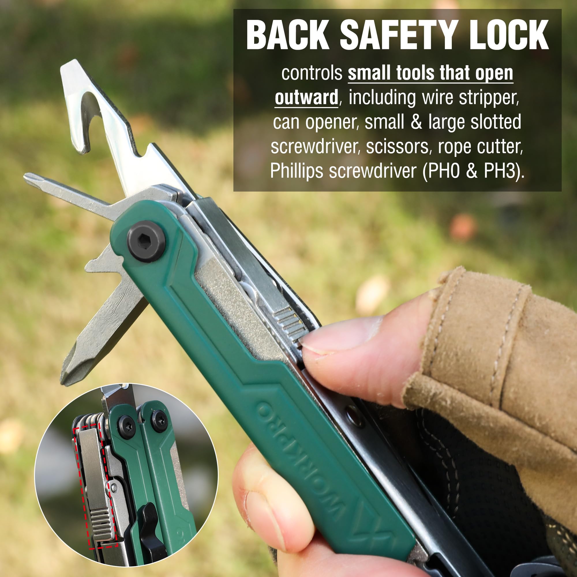 WORKPRO 18-in-1 Multi-Tool Pliers - Stainless Steel EDC Multitool with Pocket Knife, 2 Safety Locks & Belt Clip - Compact Oxford Pouch Included - Perfect for Camping, Hiking, Survival & Outdoor Adventures
