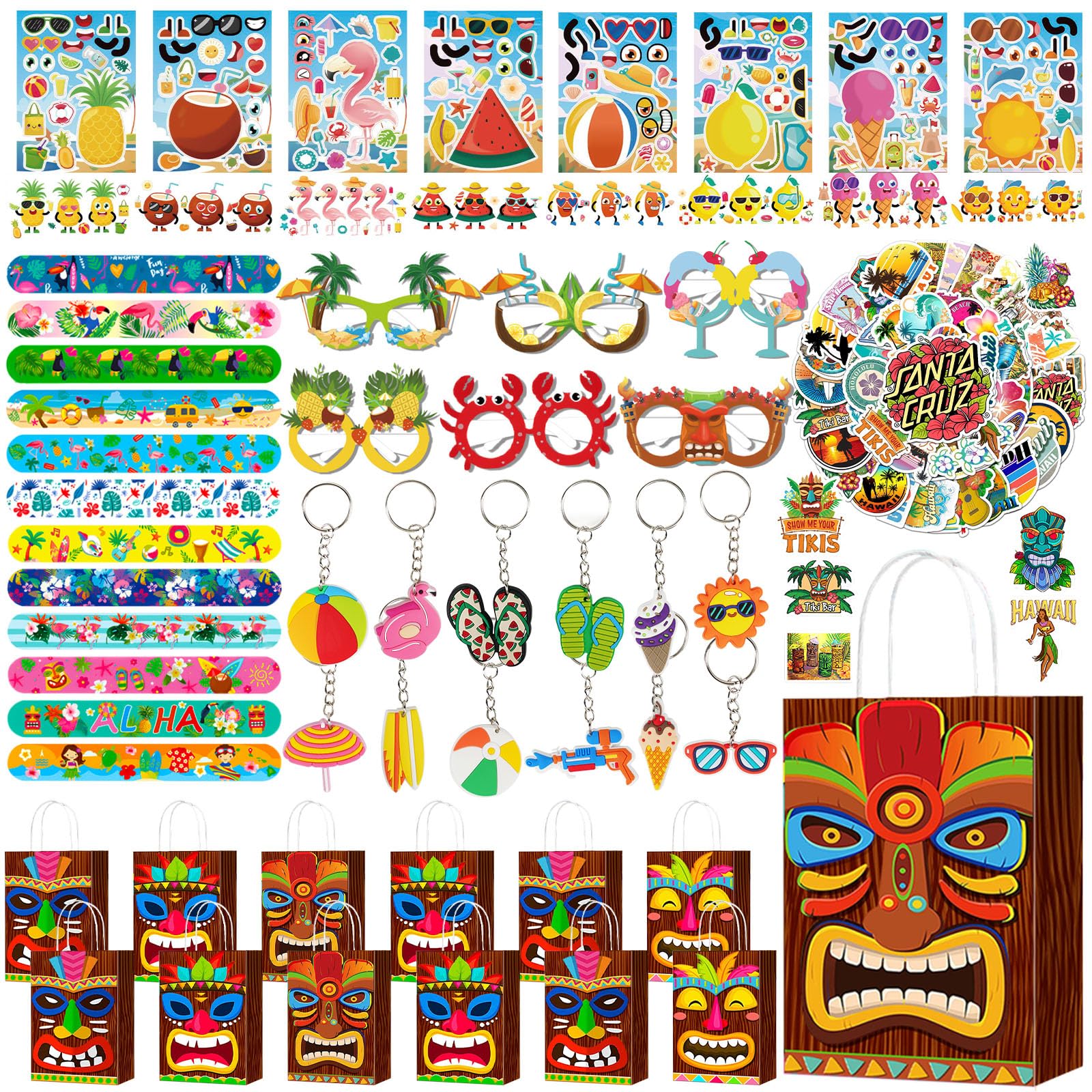 110-Piece Luau Party Favors Set - Tropical Aloha Theme DIY Stickers, Keychains, Paper Glasses & Gift Bags - Perfect for Kids Summer Beach Pool Parties, Hawaiian Themed Events & Tiki Party Decorations - Great for Birthdays, BBQs & Tropical Celebrations