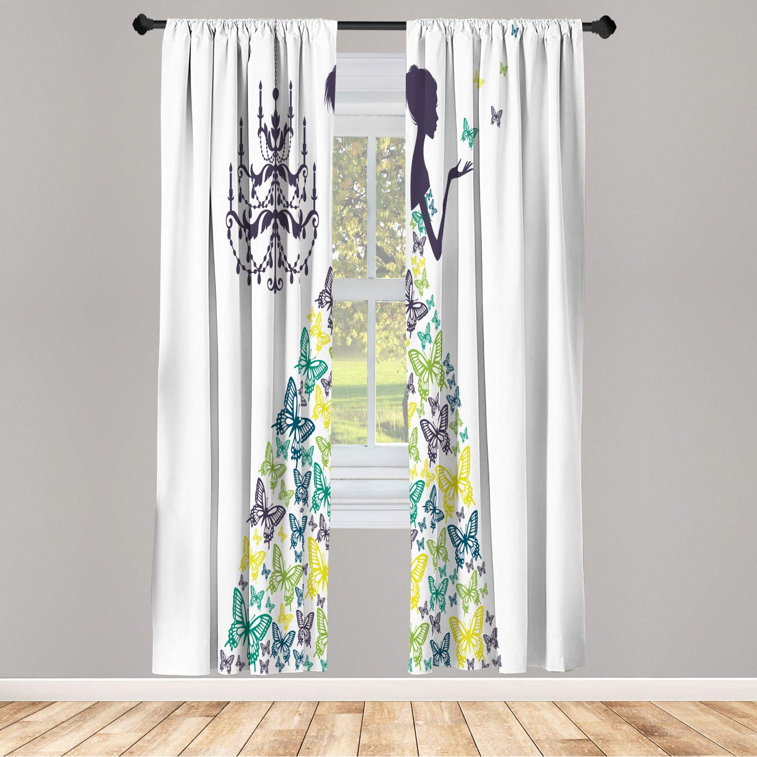 Ambesonne Vintage Window Curtains - Romantic Butterfly & Parisian Retro Design, Lightweight Decorative 2-Panel Set with Rod Pocket, 28