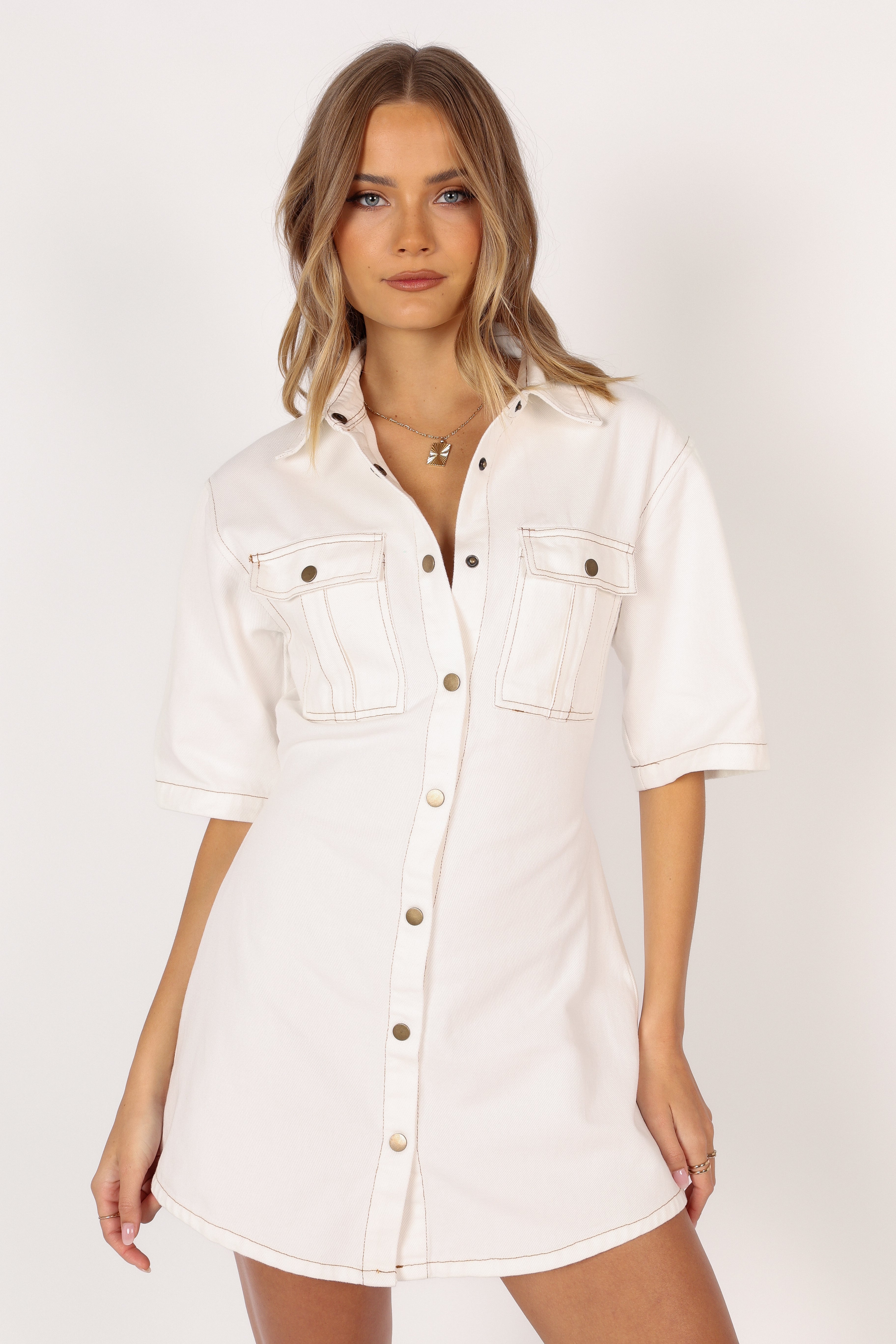 Hailey White Denim Mini Dress for Women - Trendy Summer Short Sleeve A-Line Skater Dress for Casual Outings, Parties & Date Nights