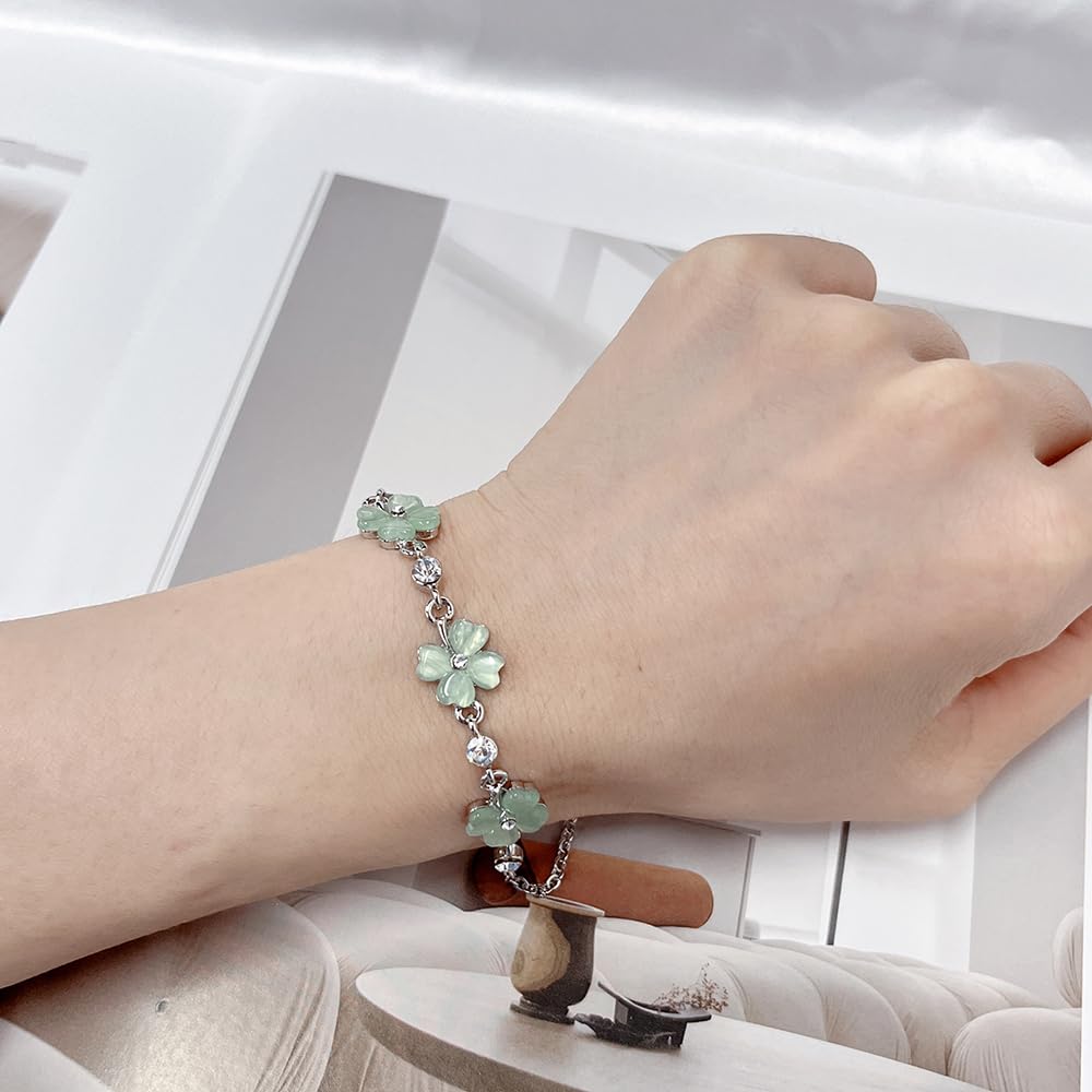 Lucky Four Leaf Clover Bracelet for Women - Elegant Cat Eye Crystal Shamrock Jewelry | Best Friend Birthday & Christmas Gift | St. Patrick's Day Accessories | Perfect for Everyday Wear, Office, Parties & Special Occasions
