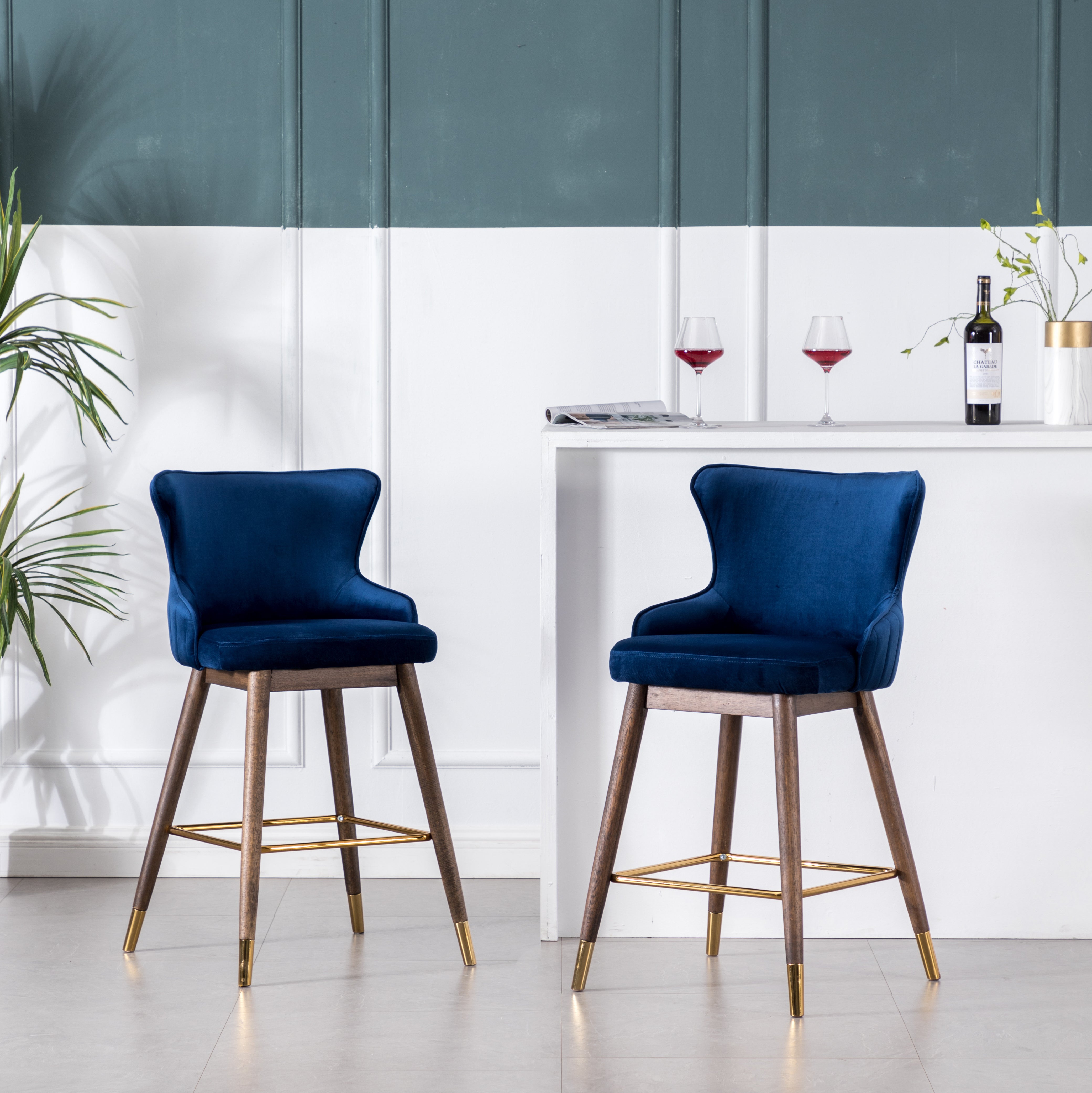 Roundhill Furniture Leland Fabric Upholstered Counter Height Wingback Bar Stools, Blue, Set of 2 - Perfect for Kitchen Islands, Breakfast Nooks & Home Bars