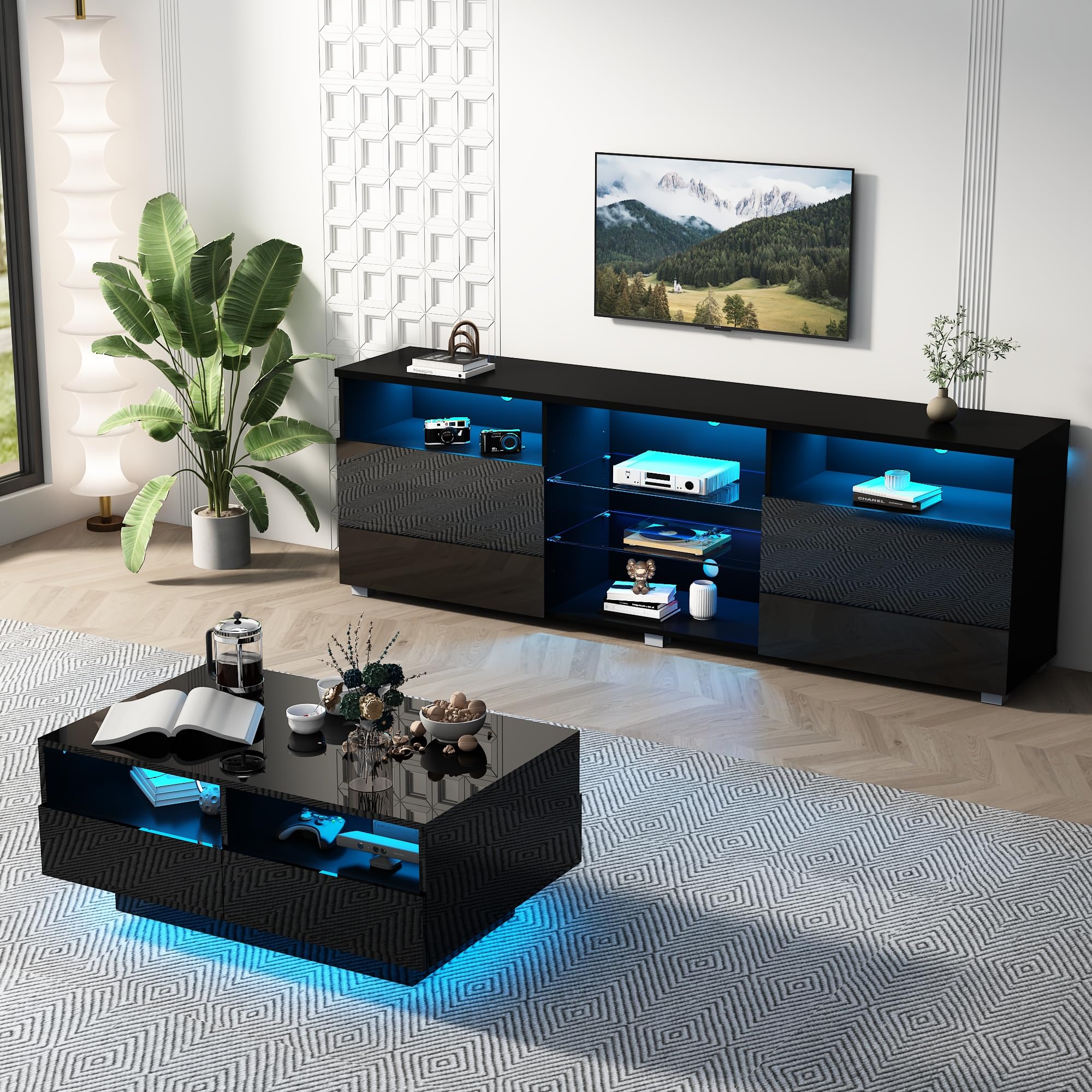 Modern LED TV Stand for 50-55 Inch TVs - High Gloss Black Media Console with Storage Drawer & Ambient Lighting - Entertainment Center for Living Room, Bedroom & Game Room - Space-Saving TV Table with LED Lights for Enhanced Viewing Experience