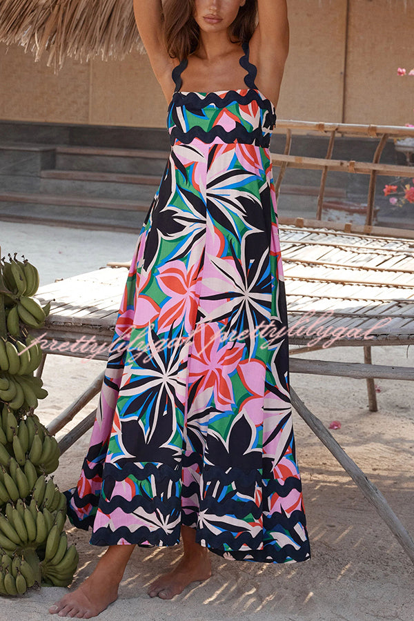 Vivi Floral Print Wavy Suspender Side Zip Maxi Dress for Women - Elegant Summer Beach Wedding Party Dress with Pockets