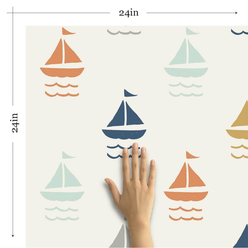 White and Orange Boats Baby Peel and Stick Removable Wallpaper 6023 - Easy DIY Nursery Decor for Kids' Room & Playroom