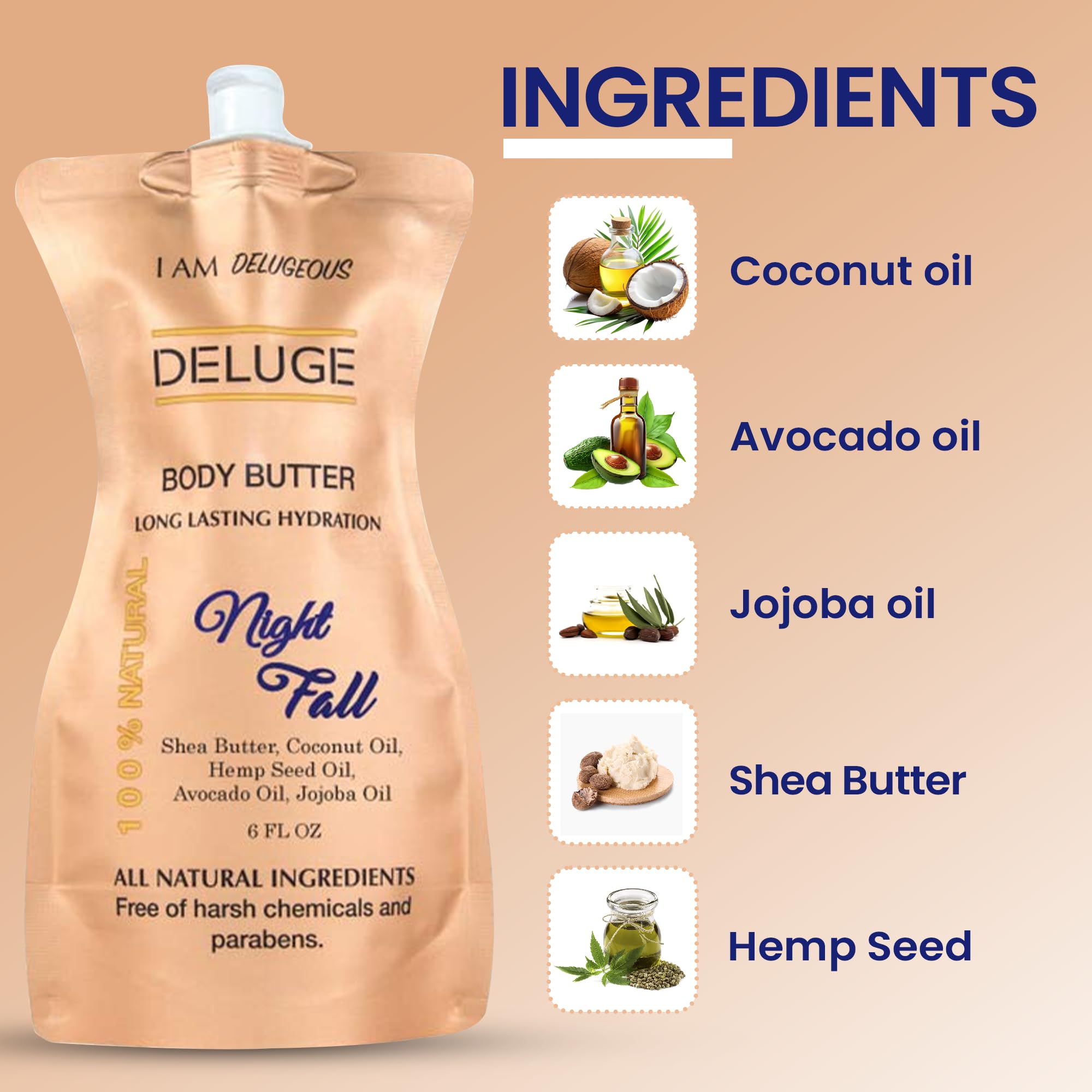 DELUGE Nightfall Organic Body Butter for Dry Skin - 100% Natural Moisturizer for Women & Men | Long-Lasting Hydration, Non-Greasy Formula | Made in USA (6 FL OZ) - Perfect for Daily Skincare Routine & After-Shower Hydration
