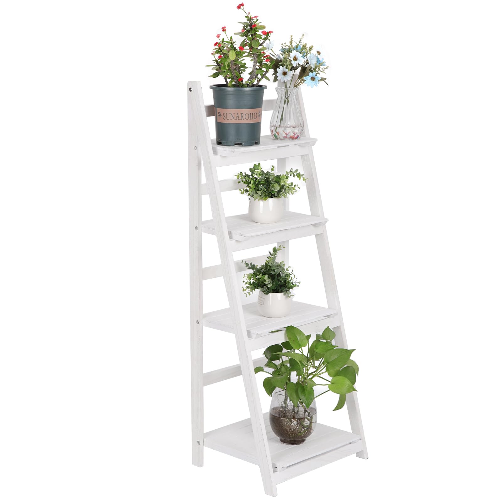 Foldable Wooden Ladder Shelf - 5-Tier Multi-Purpose Storage Organizer for Plants, Books & Home Decor | Indoor/Outdoor Use in Living Room, Office, Balcony, Patio & Garden (White)