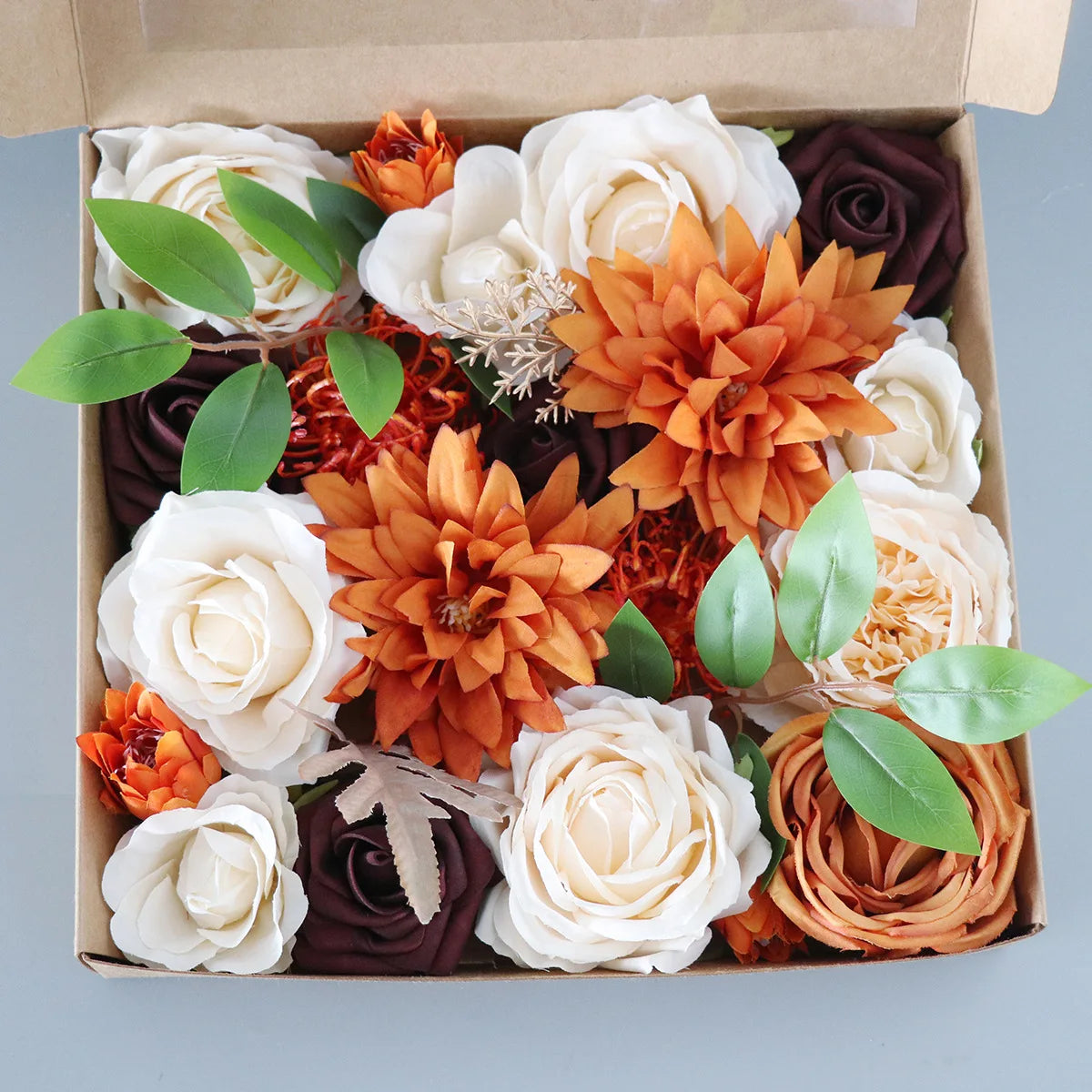 Yannew Burnt Orange Artificial Roses Combo Box - 24pcs Real Touch Silk Flowers for DIY Fall Wedding Bouquets, Boho Home Decor, Table Centerpieces & Seasonal Arrangements