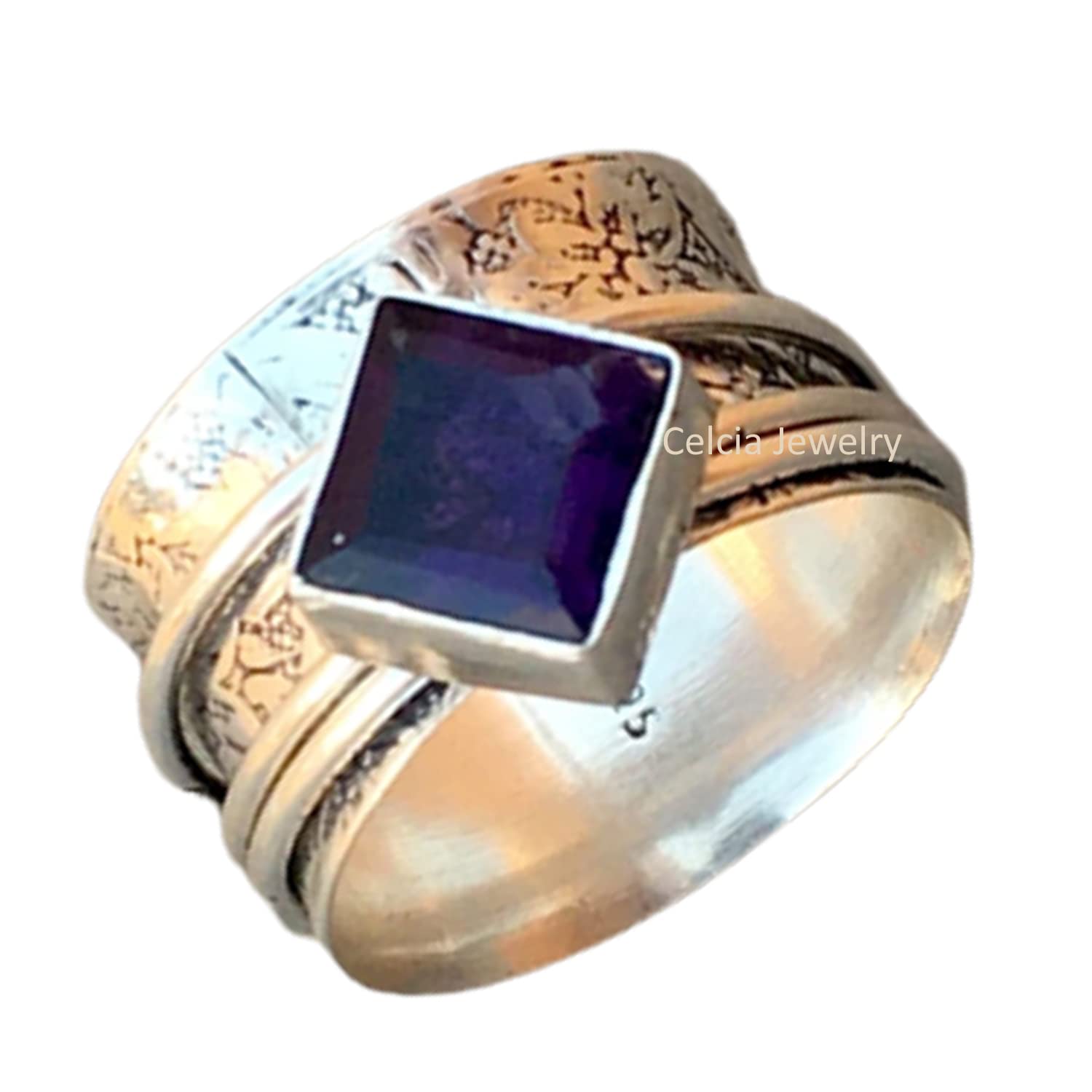 Natural Amethyst Unisex Ring - Faceted Square Spinner Ring for Stress Relief & Meditation, February Birthstone Jewelry, Anniversary & Mother's Day Gift (Size 7) - Perfect for Anxiety Relief, Mindfulness Practice & Stylish Everyday Wear