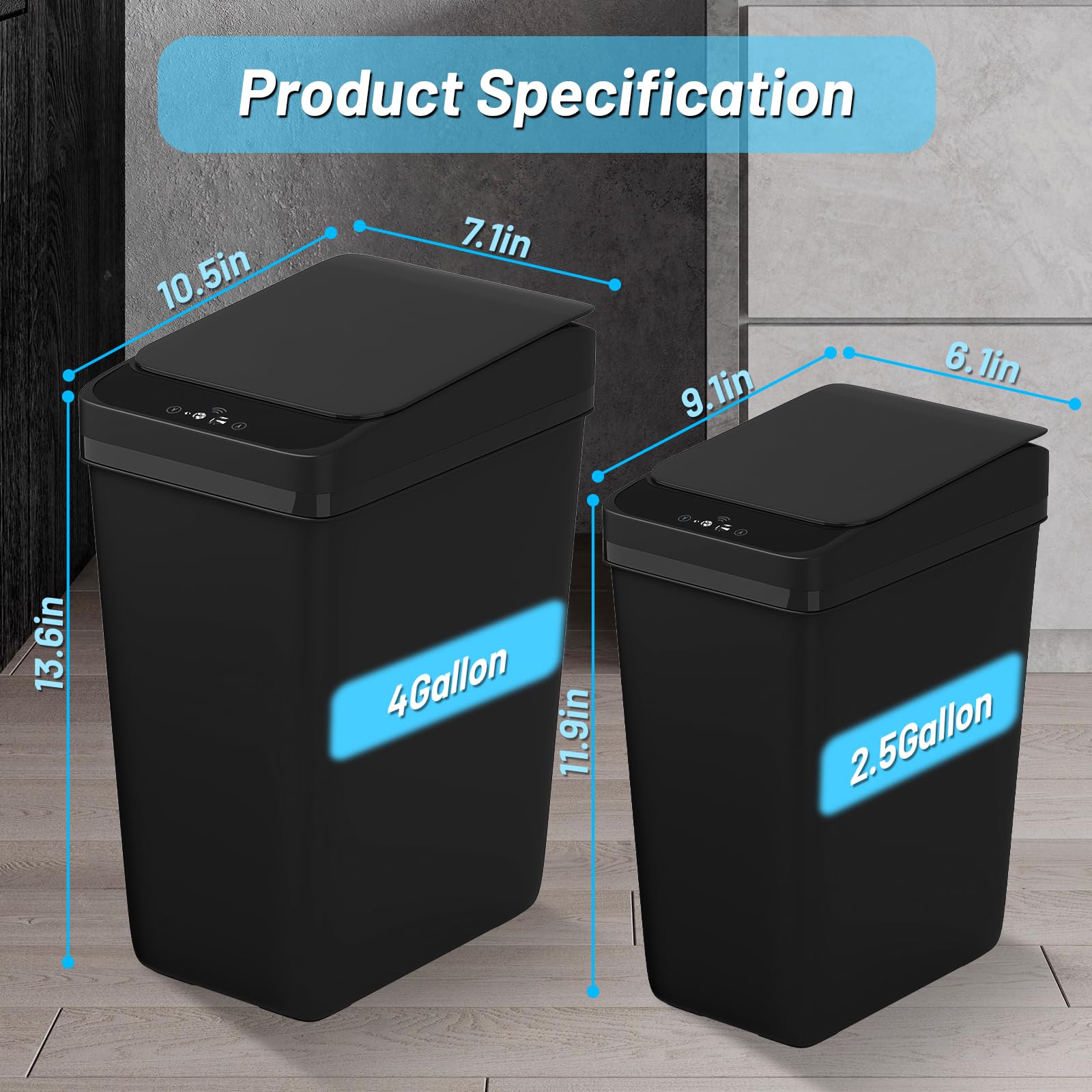 Procade 2-Pack Touchless Bathroom Trash Can with Lid - 4 Gallon & 2.5 Gallon Slim Automatic Motion Sensor Garbage Bin for Home, Office, RV (Black) | Hands-Free Waste Disposal Solution for Bathroom, Bedroom, Kitchen & Small Spaces