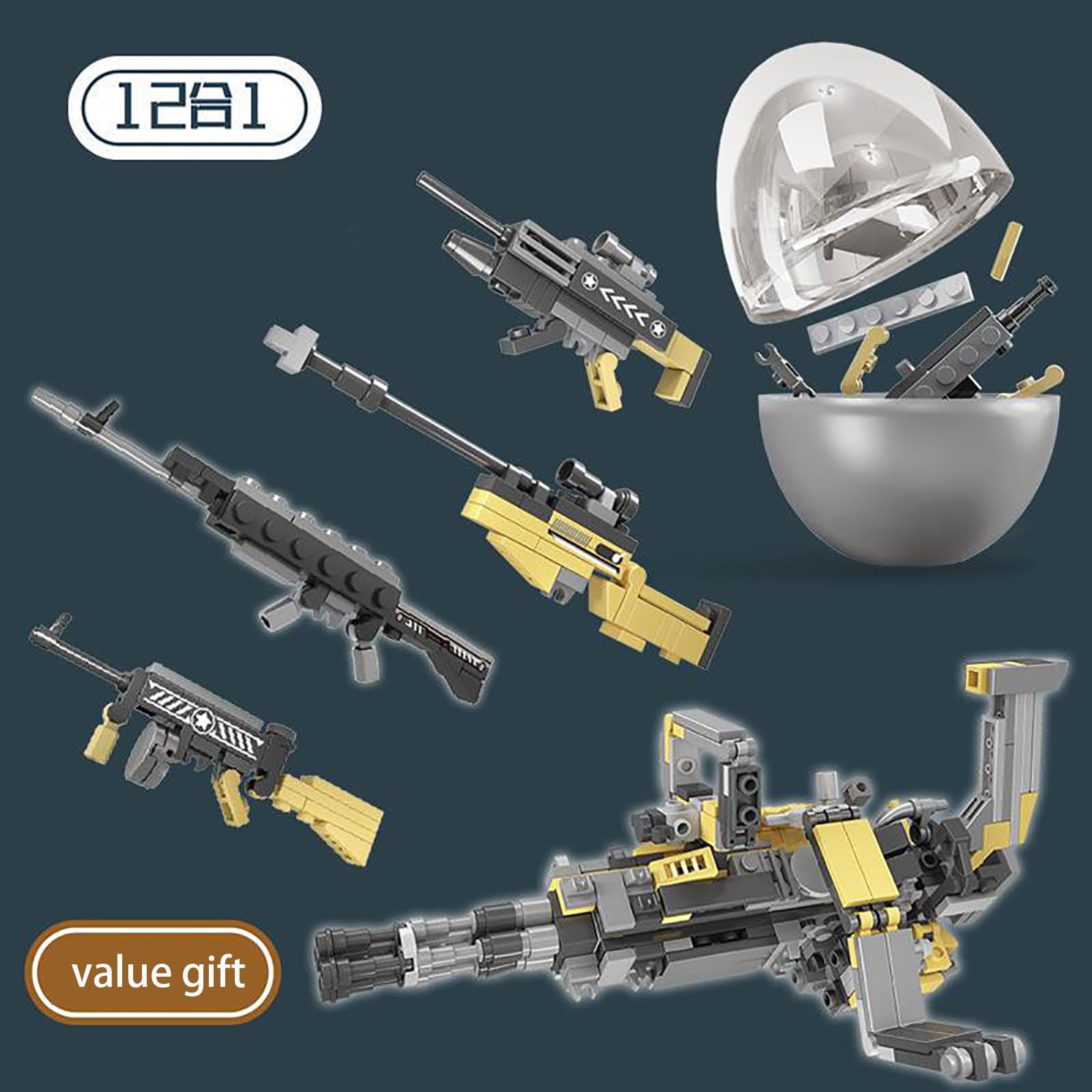 12PCS Pre-Filled Easter Eggs with Gun Block Toys - 12-in-1 Big Gun Model Building Kit for Kids Ages 6+ | STEM Learning Toy, Birthday Gift & Easter Basket Stuffers for Boys and Girls