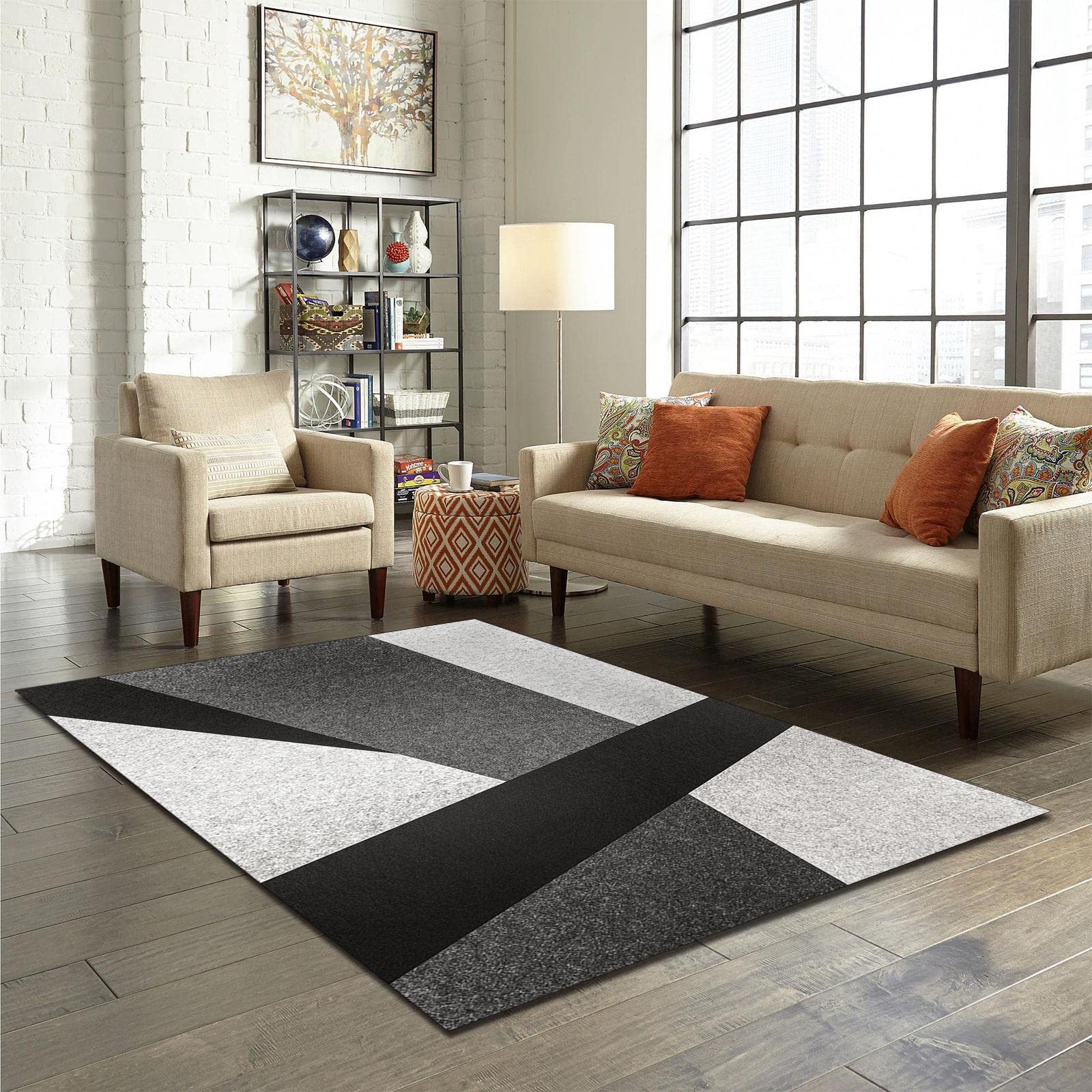 Geometric Mosaic Area Rug - Black & Gray Plaid Soft Washable Carpet for Nursery, Bedroom & Living Room - Easy Clean Kids Room Decor - 6.6ft x 5.3ft - Perfect for Playrooms, Dorm Rooms & Cozy Home Decor
