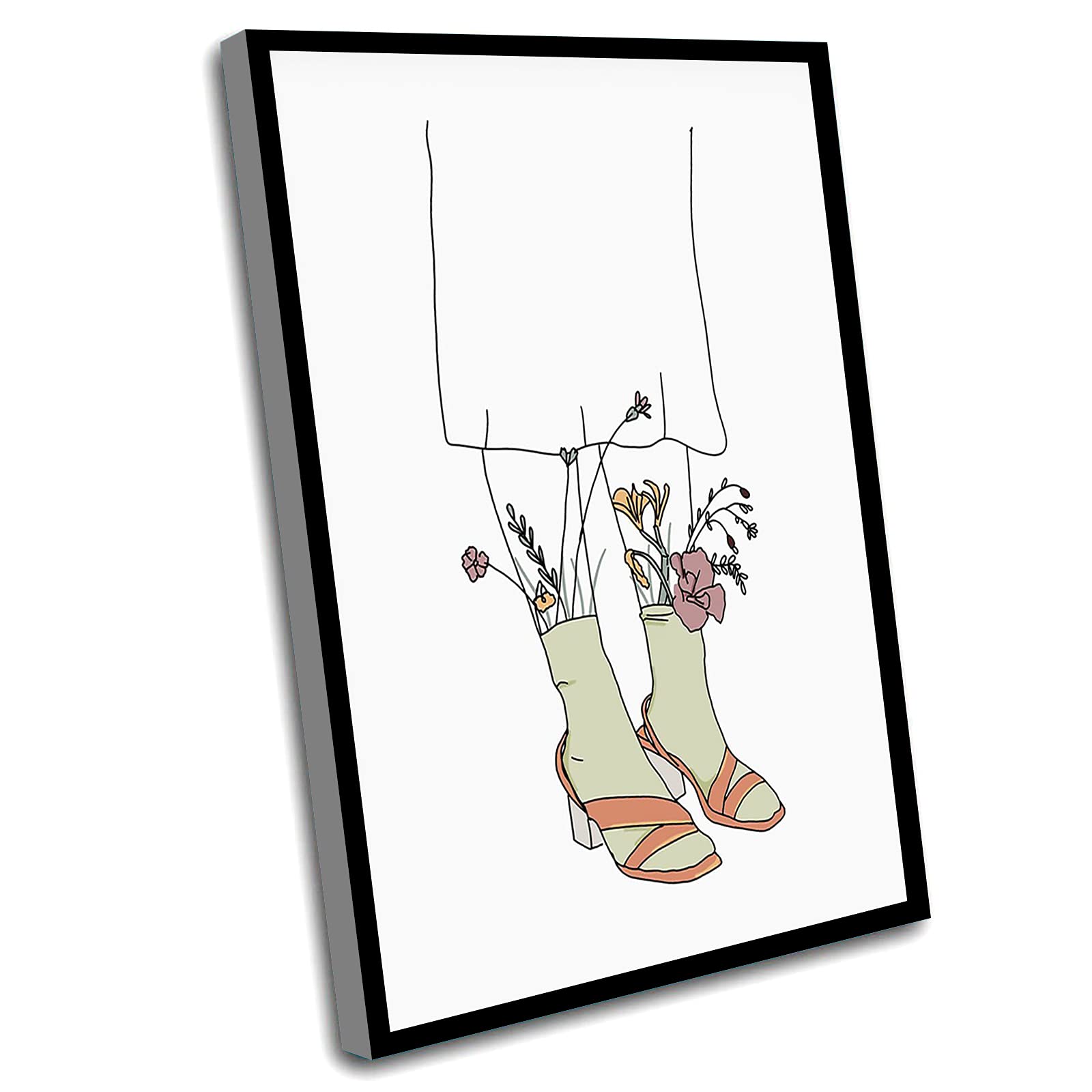 Rustic Boho Woman Line Art Canvas Wall Decor - 8x12 Inch Framed Female Figure Painting with Flowers, Minimalist Fashion Art for Bathroom, Bedroom or Living Room
