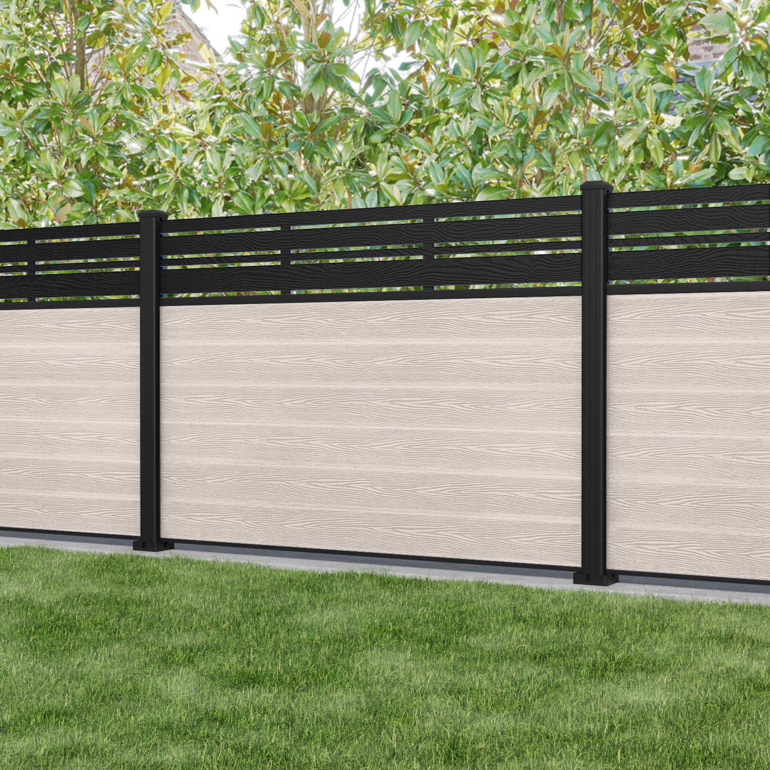 Classic Linea Fence Panel - Mid Stone Color with Aluminum Posts | Durable Outdoor Privacy Fence for Backyard, Garden & Pool Area