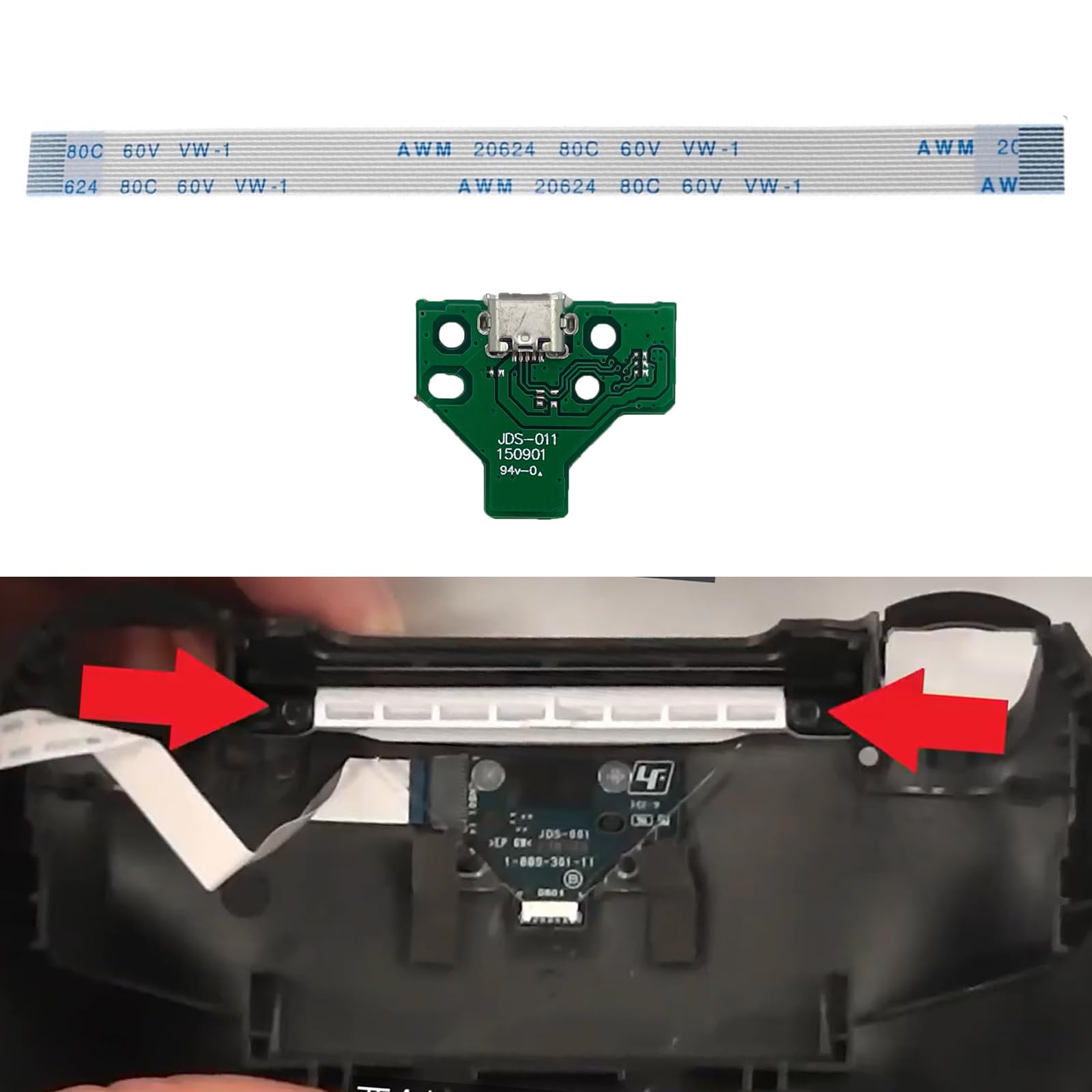 Onyehn JDS-011 Charging Port Assembly with Flex Cable for Sony PlayStation PS4 Controller - Micro USB Charger Socket Repair Kit (2 Pack) - Perfect for PS4 Controller Charging Port Replacement & DIY Fixes