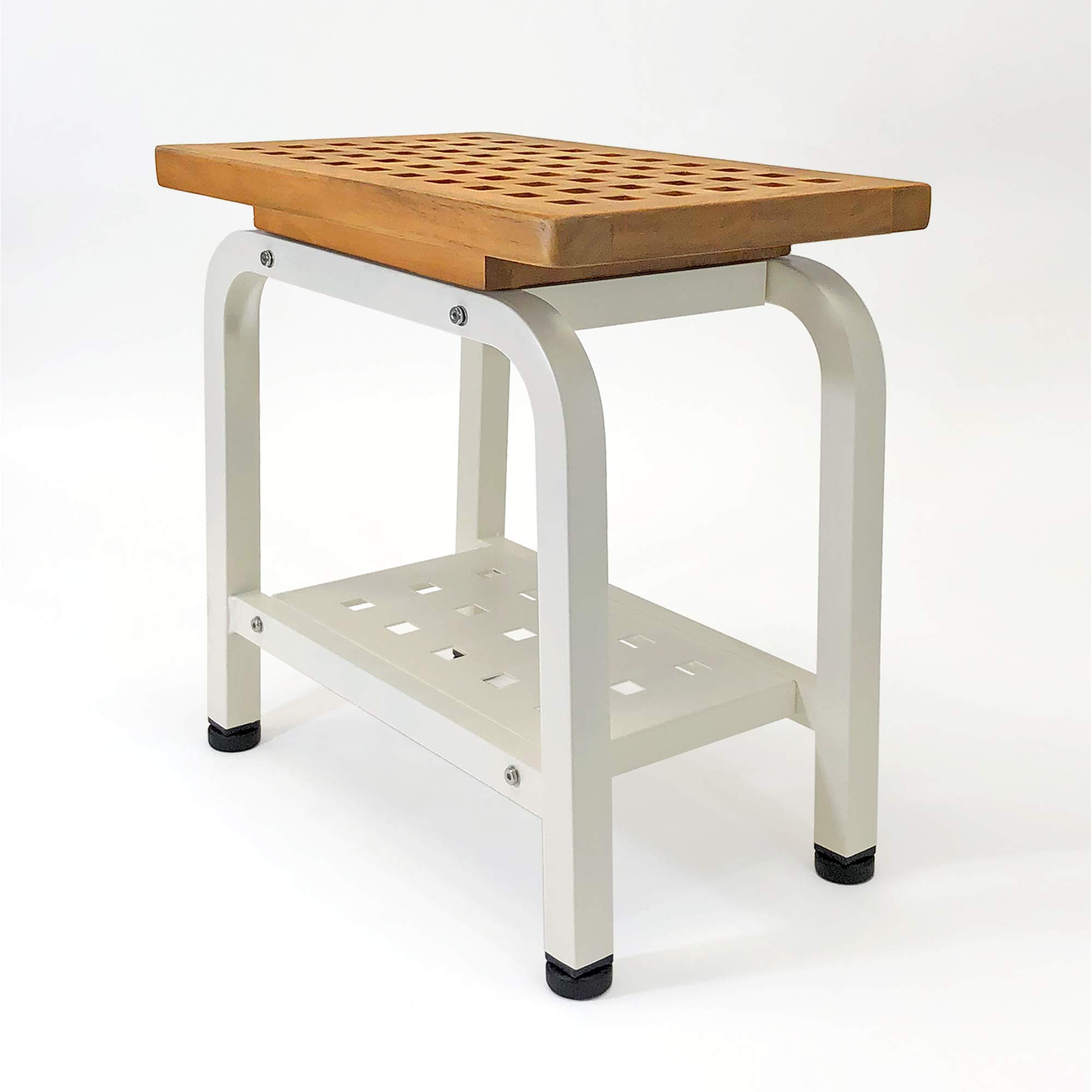 Maya Teak & Aluminum Indoor Outdoor Shower Bench with Storage Shelf - Adjustable TPR Feet - Spa Bath Patio Stool Seat Side Table - Anthology Spa Collection B102/BGE (Light Beige) - Perfect for Bathroom, Poolside, Garden & Spa Relaxation
