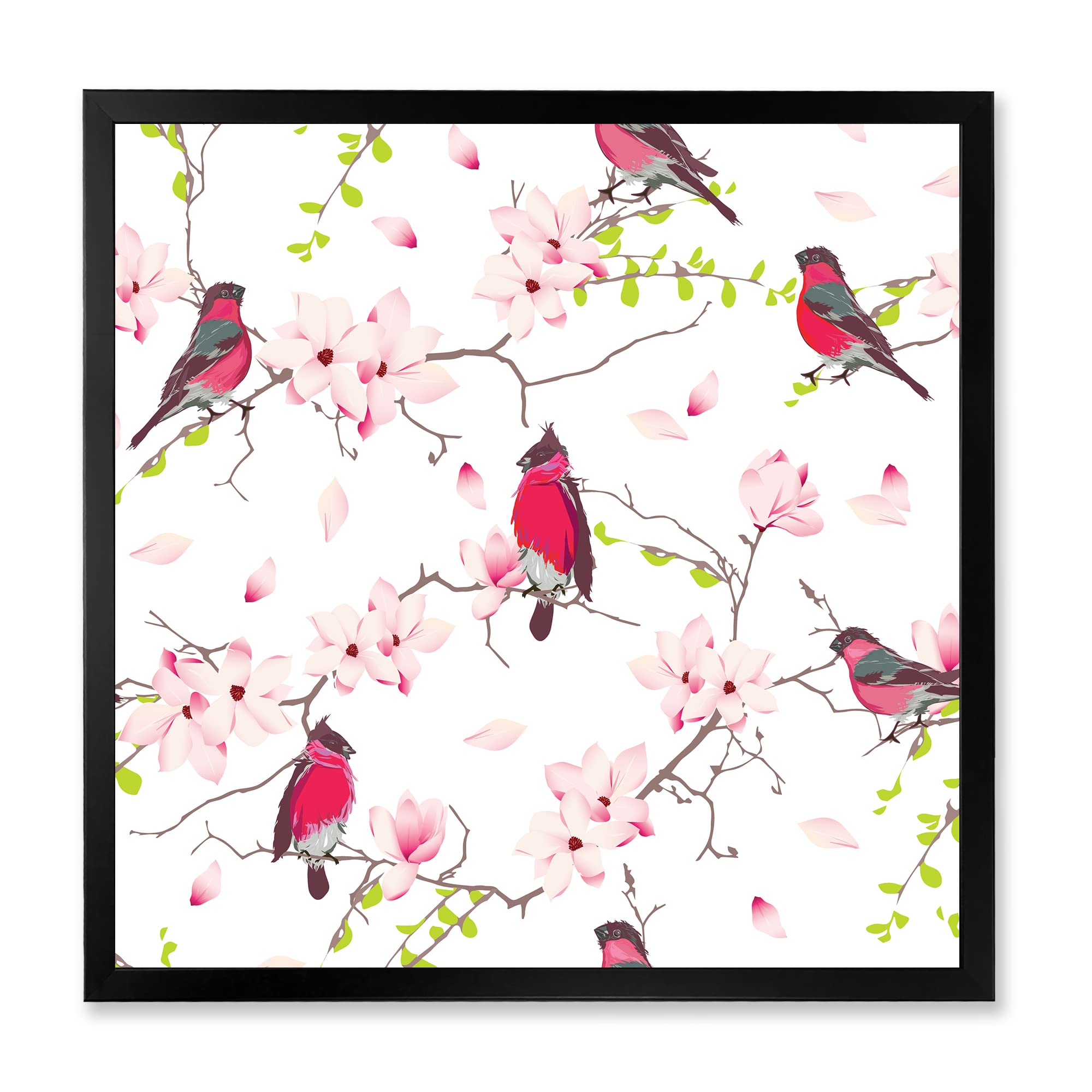 DesignQ Red Bullfinches on Magnolia Tree Framed Wall Art Painting - Traditional Home Decor for Living Room, Bedroom & Office