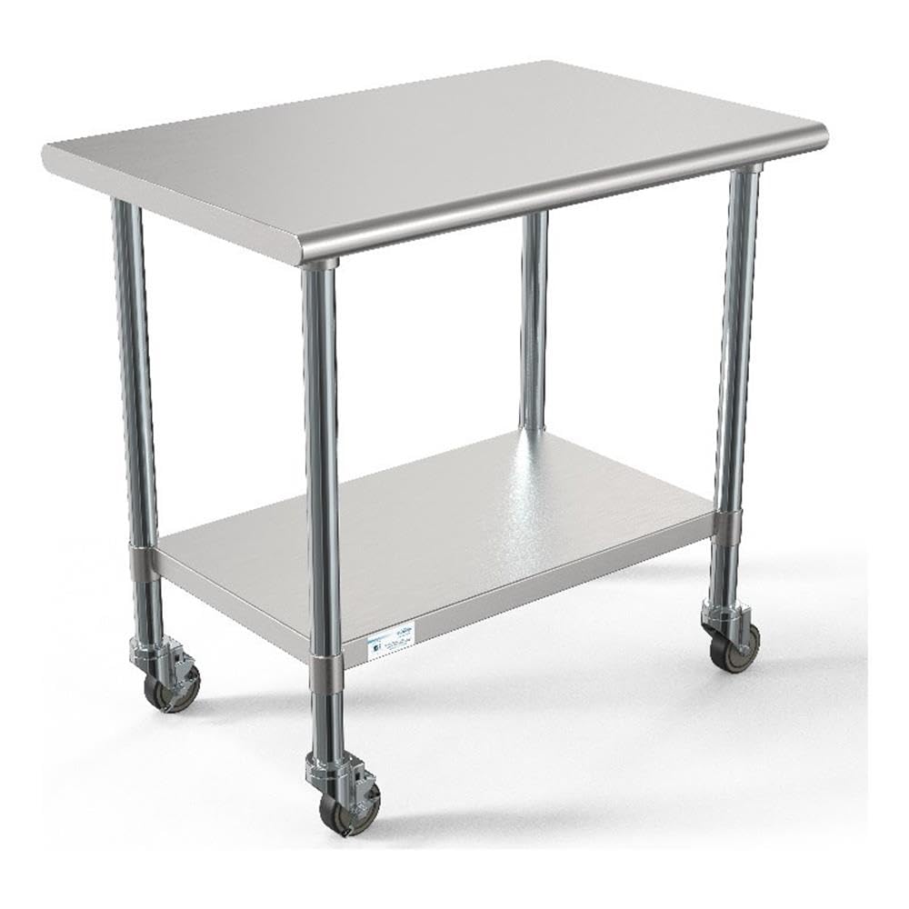 KoolMore 24x36 Inch Stainless Steel Commercial Work Table with Wheels - Heavy Duty Metal Workstation for Restaurant, Kitchen & Workshop Use - Under Shelf Storage for Food, Tools & Equipment - Silver (CT2436-18C) | Ideal for Food Prep, Garage Organization & Industrial Workspaces