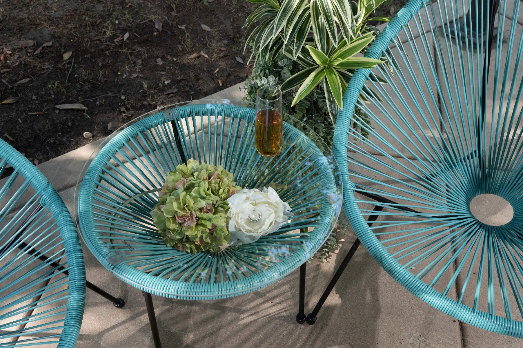 Barton 3-Piece Acapulco Chair Set with Glass Table - Aqua Blue Outdoor Patio Furniture, Wicker Rattan Modern Conversation Seating for Garden, Poolside & Backyard Relaxation