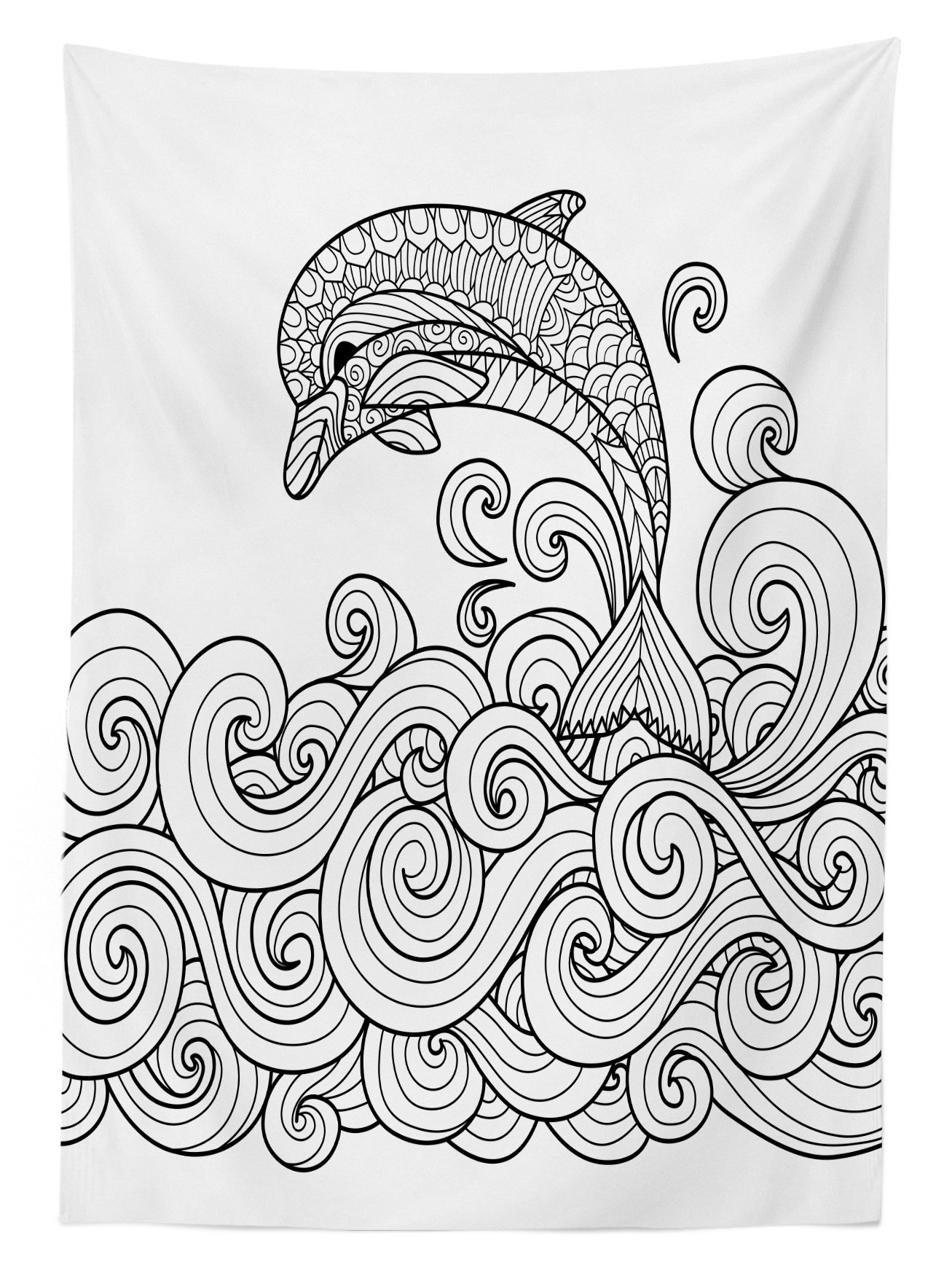 Ambesonne Waterproof Outdoor Tablecloth - Black & White Dolphin Zentangle Nautical Design with Ocean Waves - Washable Picnic Table Cover 58x104 Inches for Beach Parties, BBQs & Garden Dining