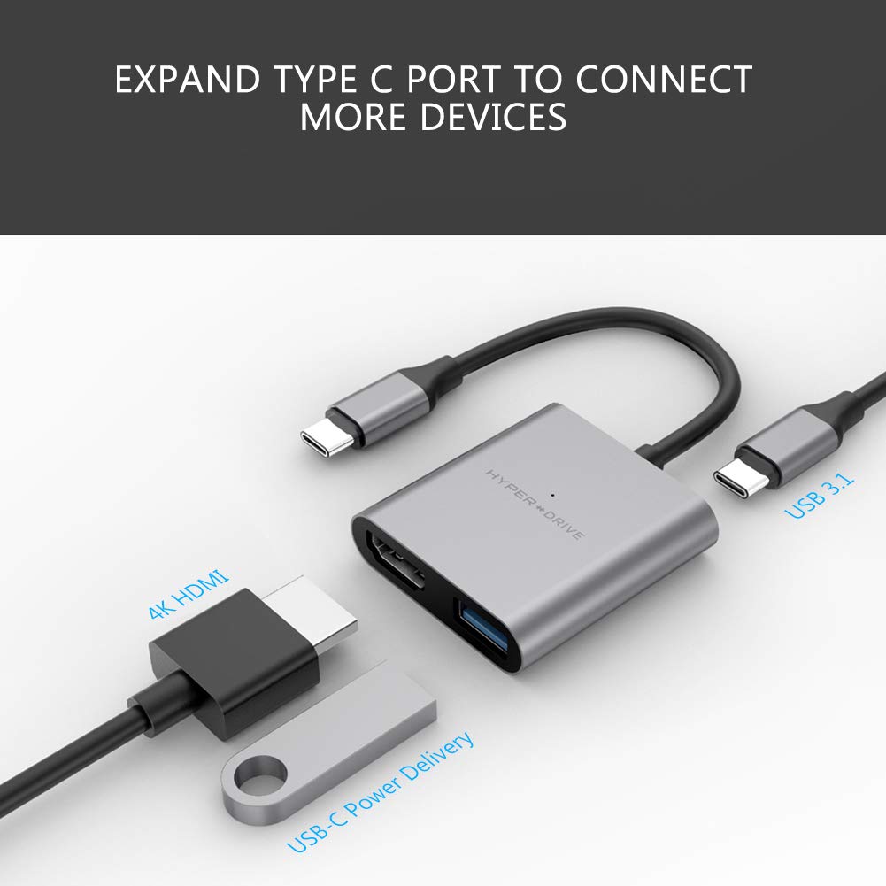 HyperDrive USB C to HDMI Adapter 3-in-1 - 4K HDMI Converter with USB-C Power Delivery & USB 3.1 Port - Aluminum Multiport Hub for MacBook, Ultrabook, Chromebook, PC - Perfect for Home Office, Online Classes & Business Presentations