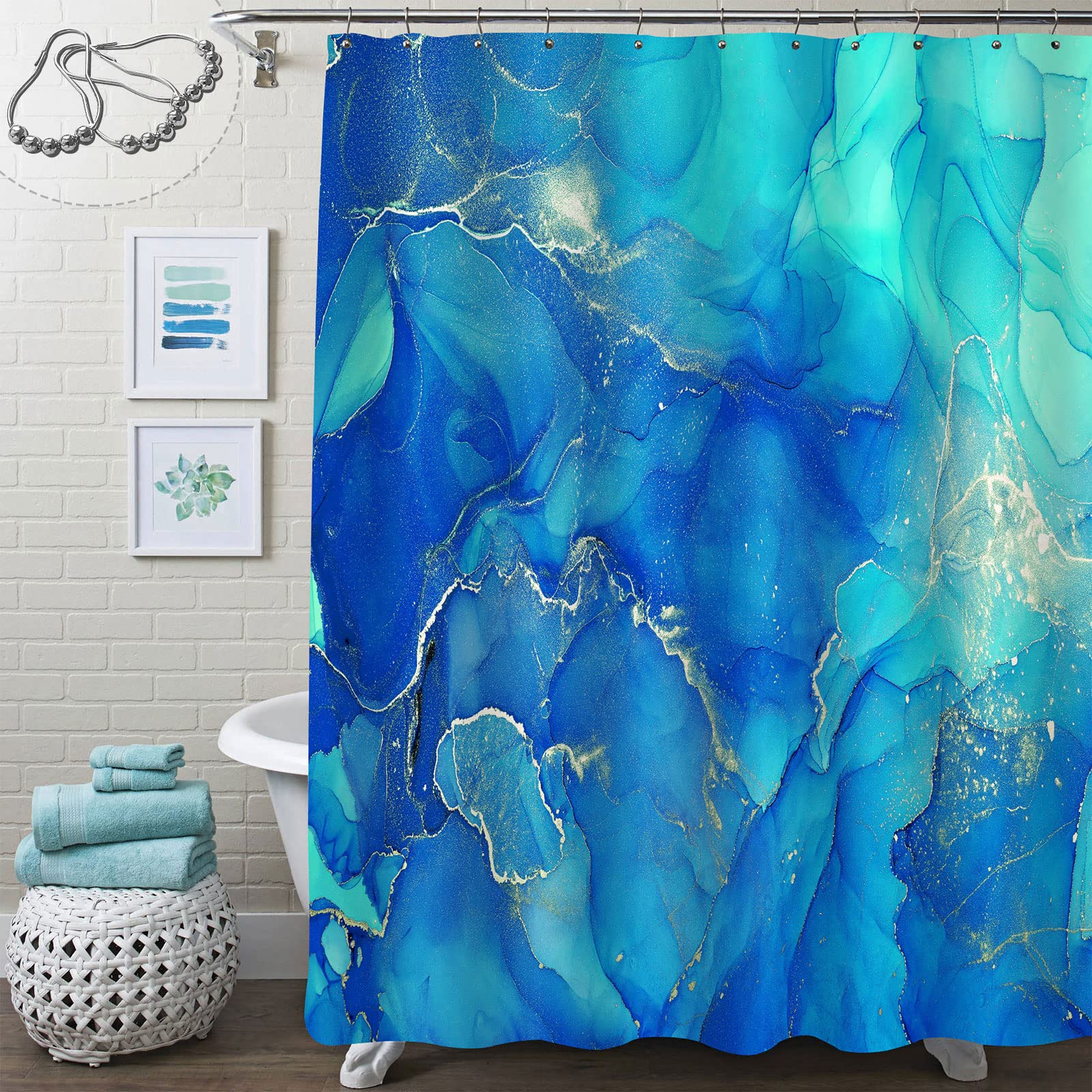 Gibelle Blue Marble Shower Curtain - Waterproof Abstract Royal Blue Fabric Bathroom Decor with Ombre Watercolor Ink Art - 72x72 Inches with Hooks - Perfect for Modern Bathrooms & Spa-Like Showers