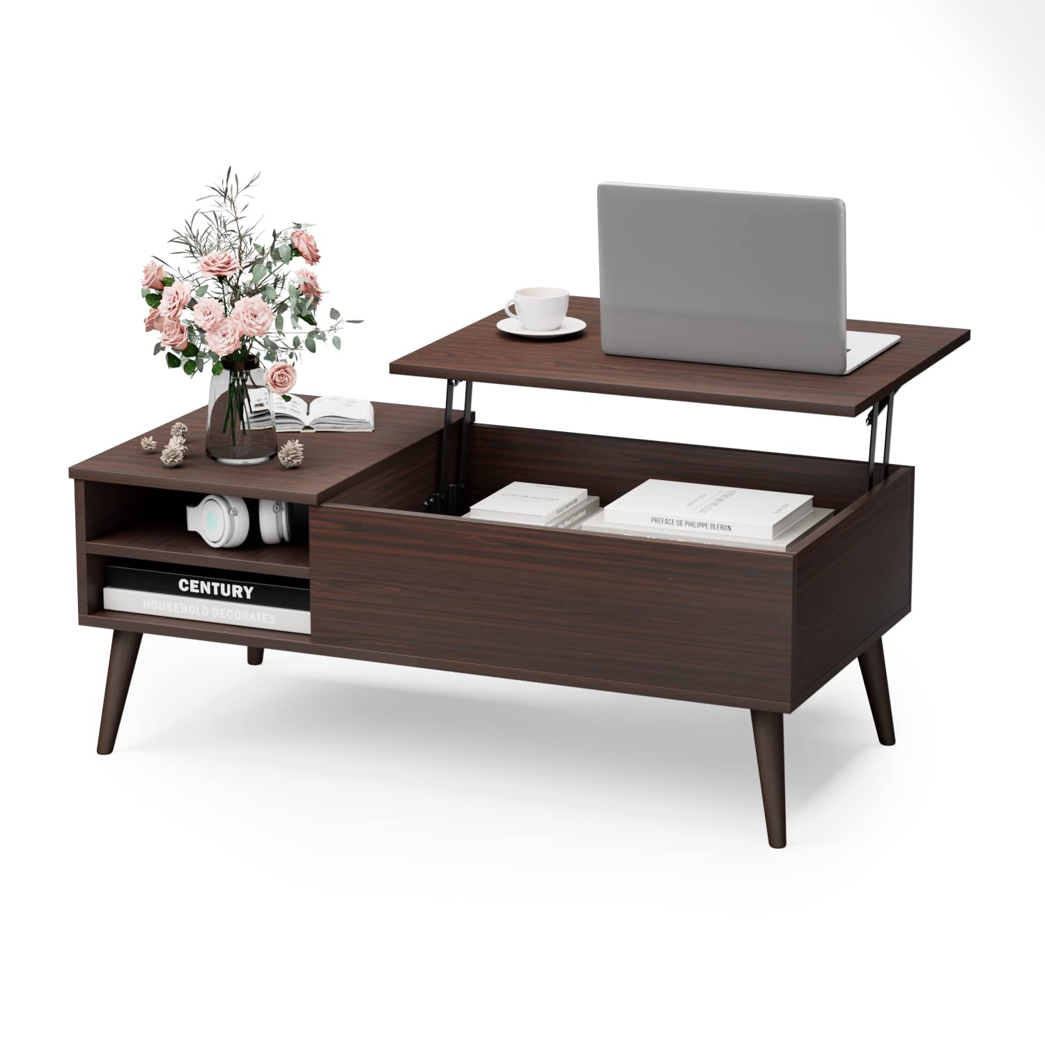 Furmax Lift Top Coffee Table with Adjustable Storage Shelf - Mid Century Modern Wood Coffee Table with Hidden Compartment & Metal Frame - Retro Living Room Center Table (Deep Brown) | Perfect for Small Spaces, Home Office & Apartment Decor