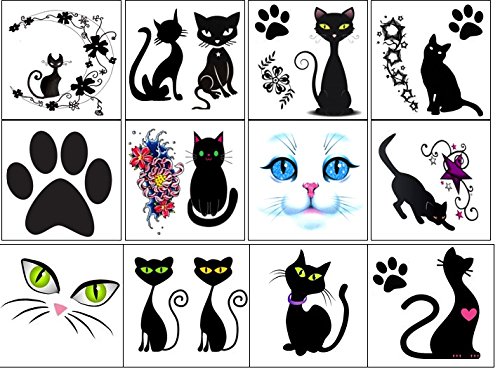Cat Temporary Tattoos for Kids & Adults - Fun Animal Stickers for Parties, Halloween & Costume Events - Waterproof Fake Tattoo Collection (12 Designs)