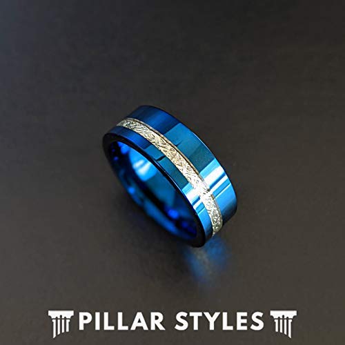 Blue Meteorite Ring for Men - 8mm Comfort Fit Tungsten Wedding Band with Offset Inlay | Unique Meteor Gifts for Him | Perfect for Anniversaries, Engagements & Special Occasions