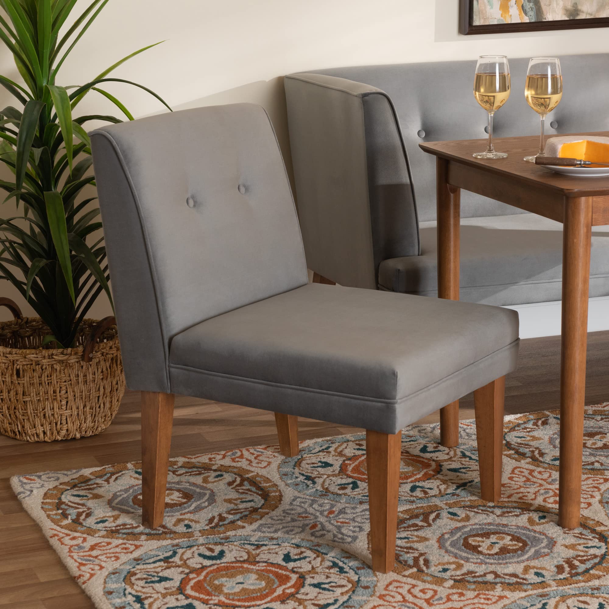 Baxton Studio Stewart Dining Chair - Grey Velvet Upholstered Wooden Chair with Walnut Finish - Perfect for Dining Rooms, Kitchens, and Home Offices
