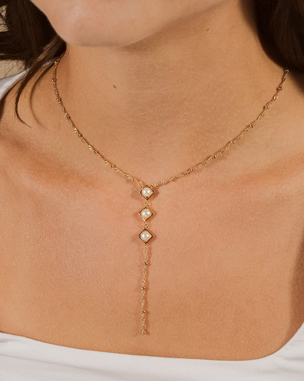 Elegant Reine Triple Pearl Lariat Necklace | 18K Gold Plated Dainty Layering Jewelry for Women | Perfect for Weddings, Date Nights & Special Occasions