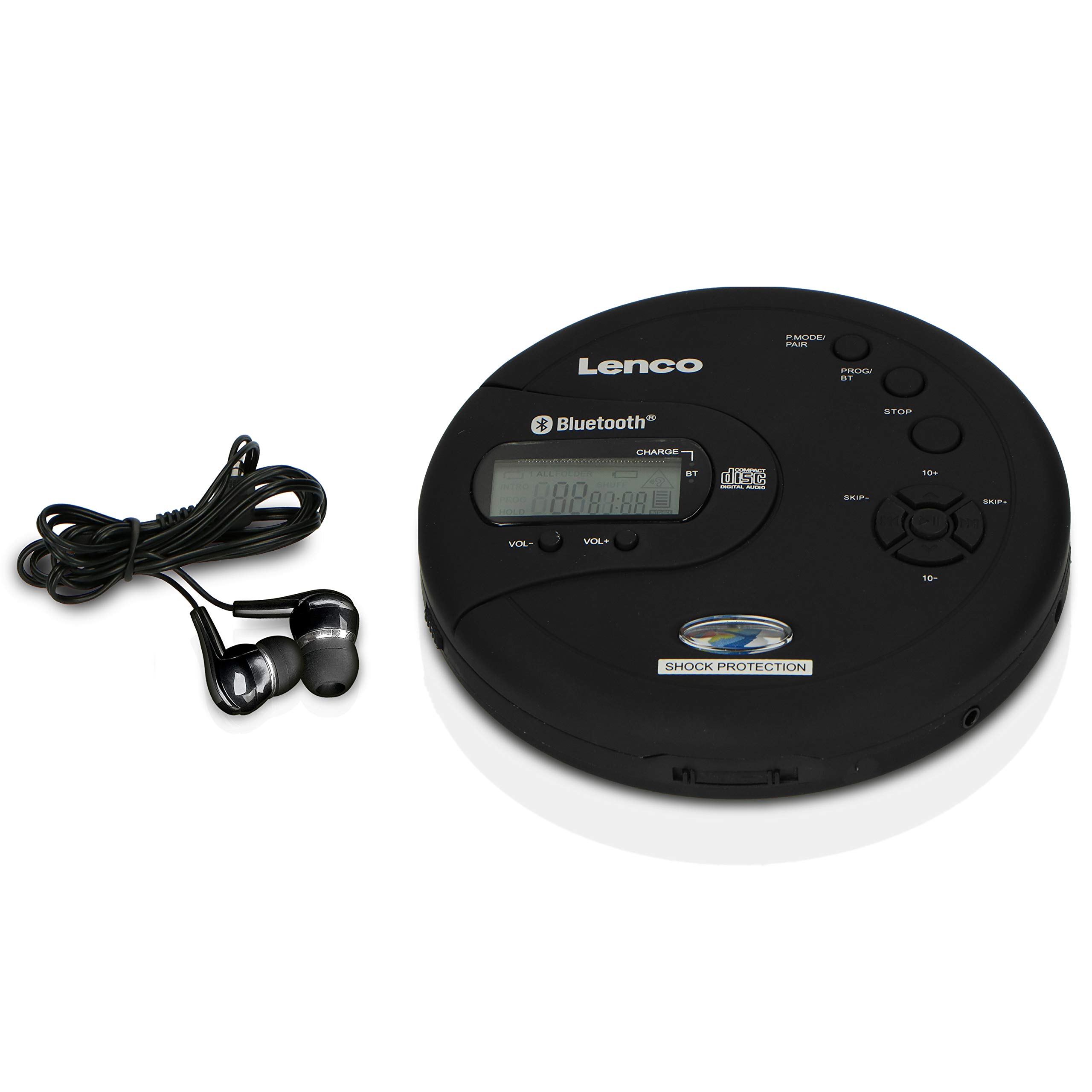 Lenco CD-300 Portable CD Player with Bluetooth & MP3 Playback - Shockproof Design, 2 x 2000mAh Rechargeable Batteries, Includes Headphones & USB Charging Cable (Black) - Perfect for Commuting, Travel & Home Use