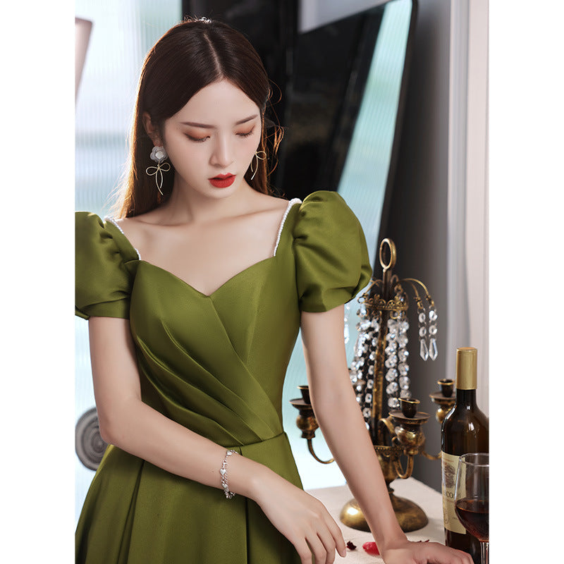 Elegant Green Satin Long Prom Dress with Short Sleeves | A-Line Evening Gown for Homecoming, Wedding Guest & Formal Events 2024