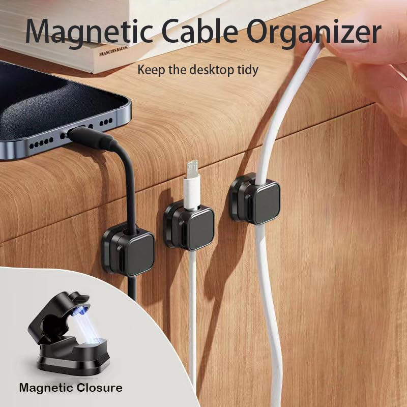 10 Pack Magnetic Cord Organizer - Strong Adhesive Cable Clips for Desk, Nightstand & Wall | Under Desk Cable Management for Home, Office & Car | Keep Wires Neat & Tangle-Free