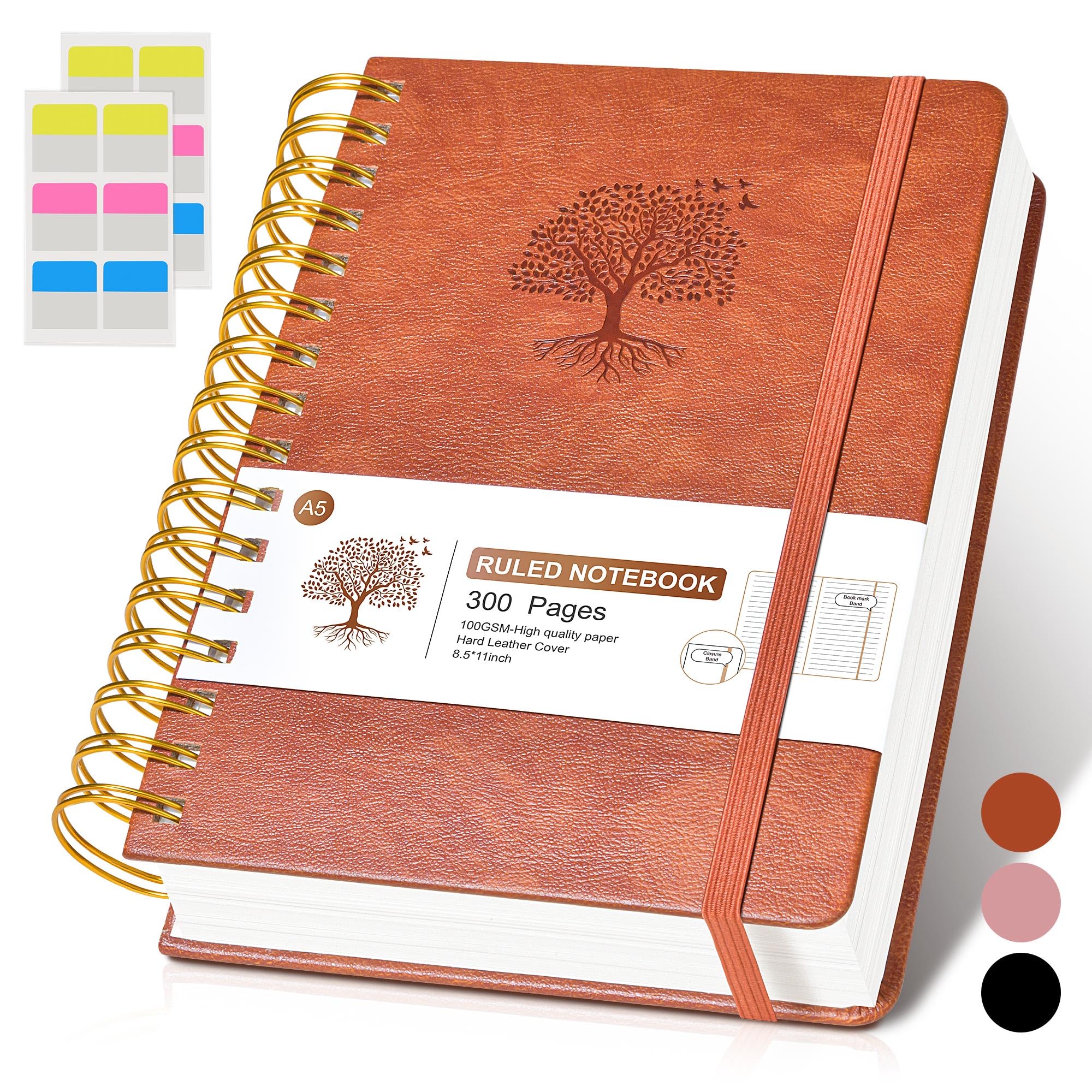 Premium A5 Lined Spiral Notebook - 300 Pages Hardcover Leather Journal for Women & Men, College Ruled Thick Paper (100 GSM), 5.75