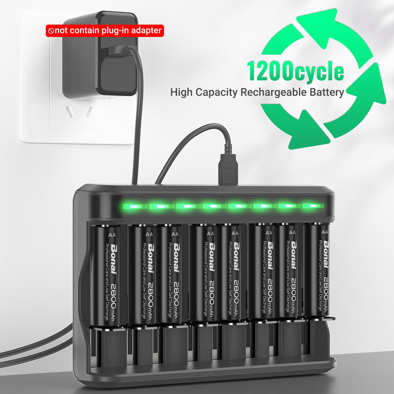 BONAI 8-Pack 2800mAh Rechargeable AA Batteries with Independent Slot Charger - Compatible with AA AAA C D NiMH Batteries - Perfect for Cameras, Toys, Flashlights & Electronics