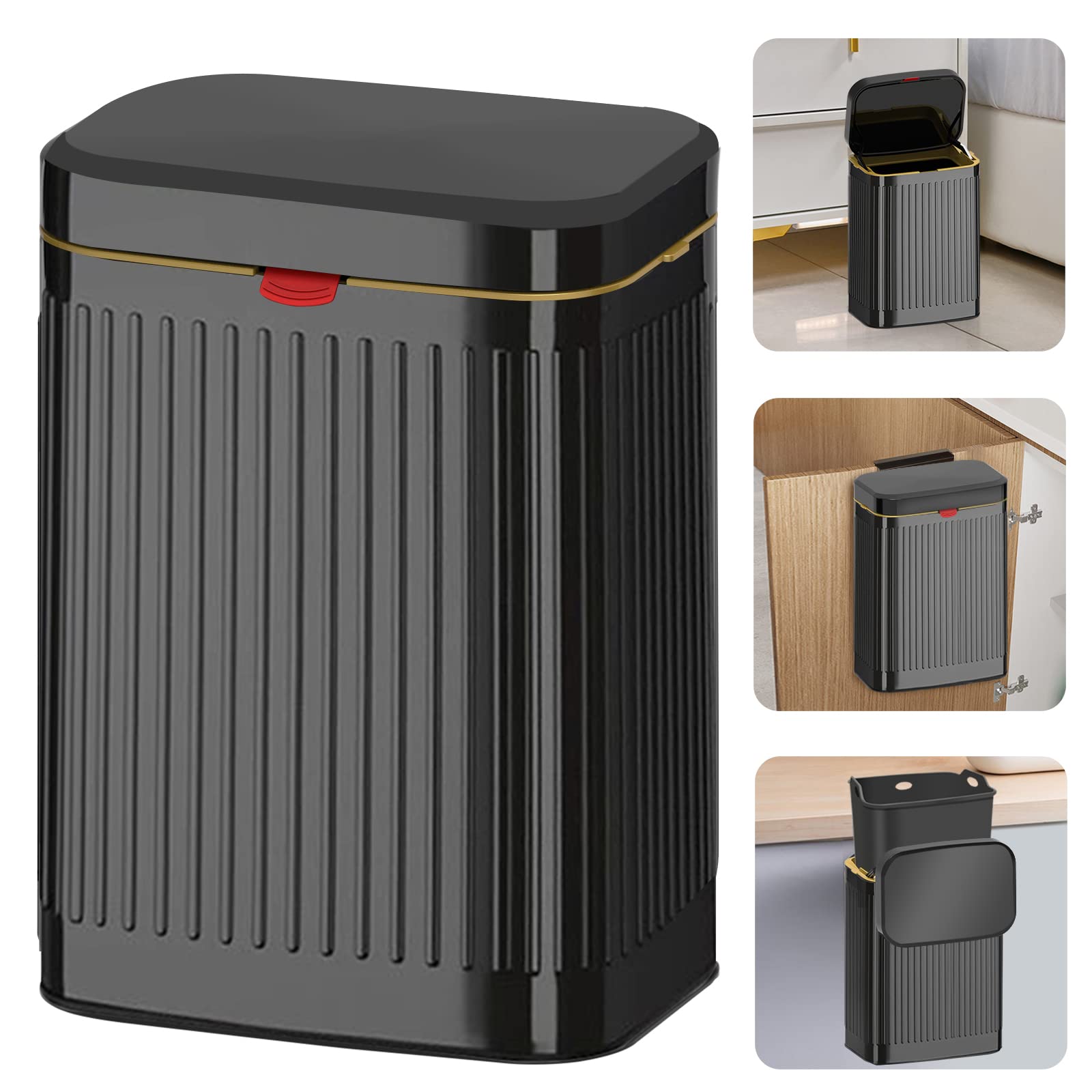 Stainless Steel Hanging Trash Can with Lid - 2.1Gal/8L Kitchen Compost Bin - Wall Mount or Countertop Trash Bin for Cabinet, Under Sink, Bathroom - Perfect for Small Spaces & Waste Sorting (Black)