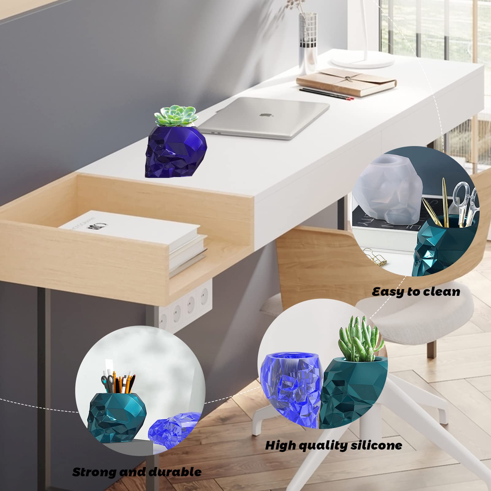 3D Skull Shape Silicone Epoxy Resin Molds for Storage Box - Makeup Brush Holder, Jewelry Organizer, Pen Cup & Flower Pot - Unique Home Decor for Gothic, Halloween & Craft Room Decorations