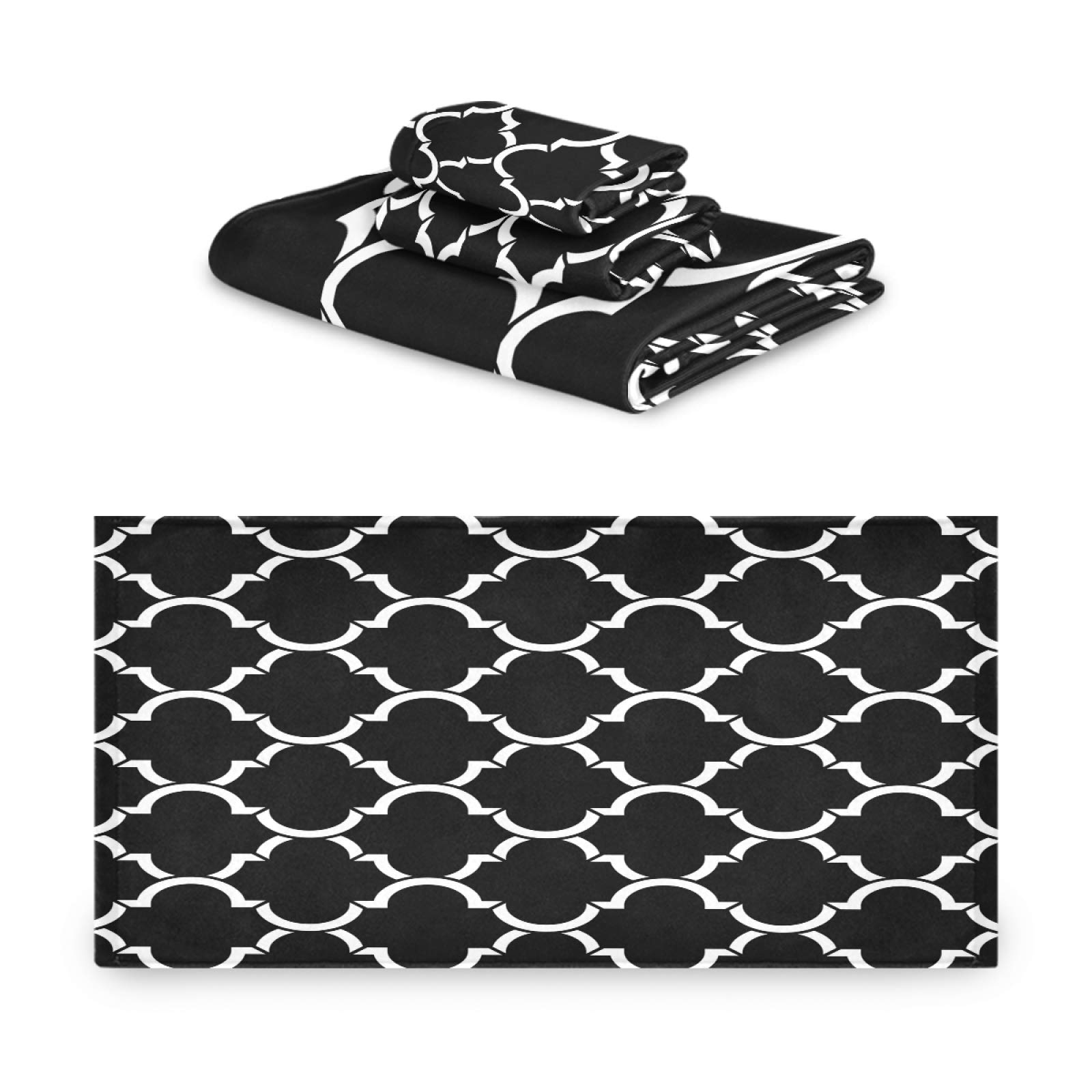 ALAZA 3-Piece Bath Towel Set - Black & White Quatrefoil Design | Includes 1 Bath Towel, 1 Hand Towel & 1 Washcloth | Ultra Soft & Absorbent for Home, Kitchen, Hotel, Gym, Swim & Spa | Perfect for Bathing, Showering & Decorative Use