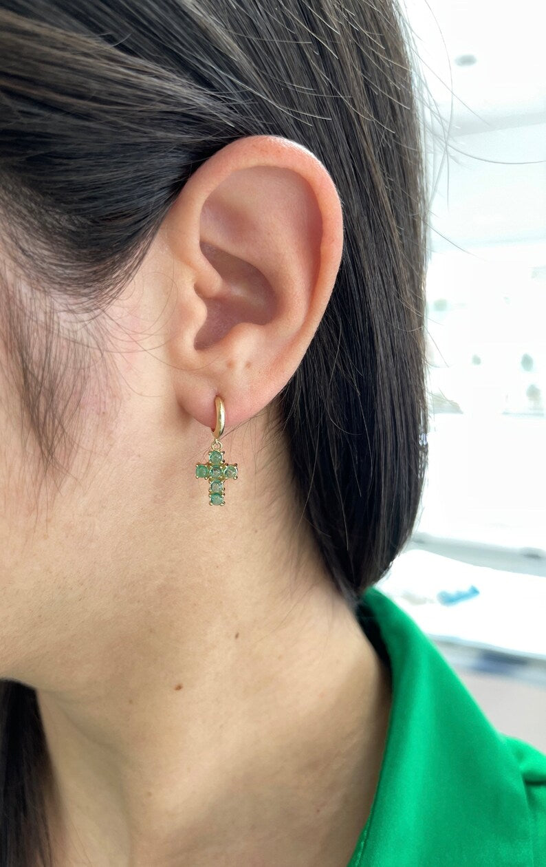14K Gold Natural Light Green Emerald Round Cabochon Dangle Cross Earrings (1.10tcw) - Elegant Jewelry for Women, Perfect for Weddings, Parties & Daily Wear
