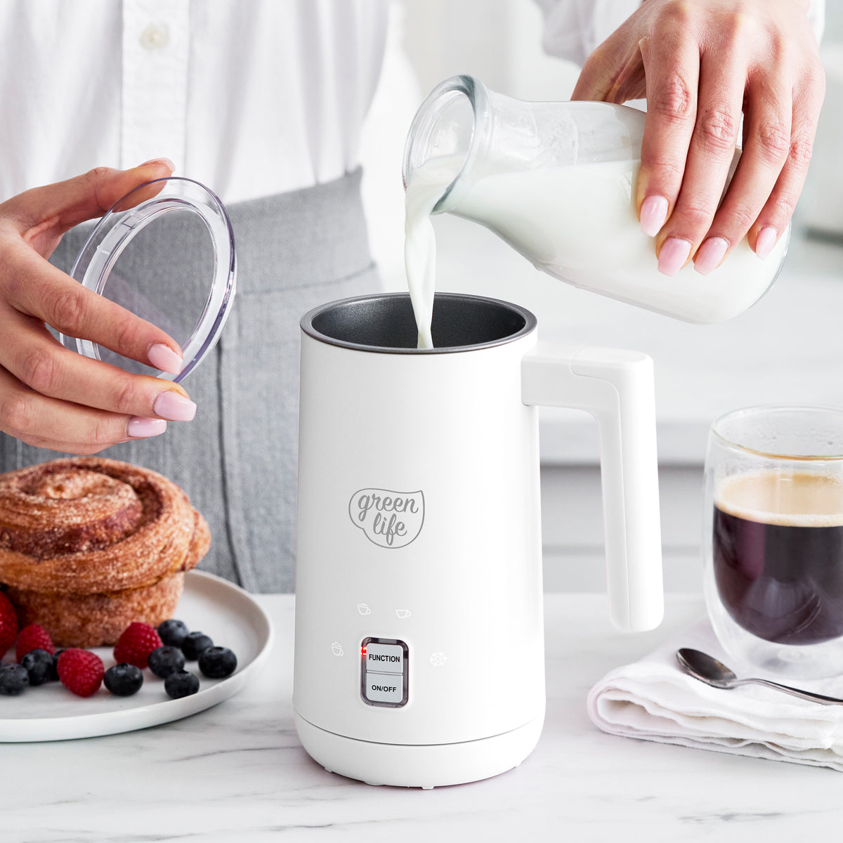 GreenLife Electric Milk Frother - Handheld Automatic Foam Maker for Coffee, Latte & Cappuccino - Perfect for Home, Office & Cafe Use - White
