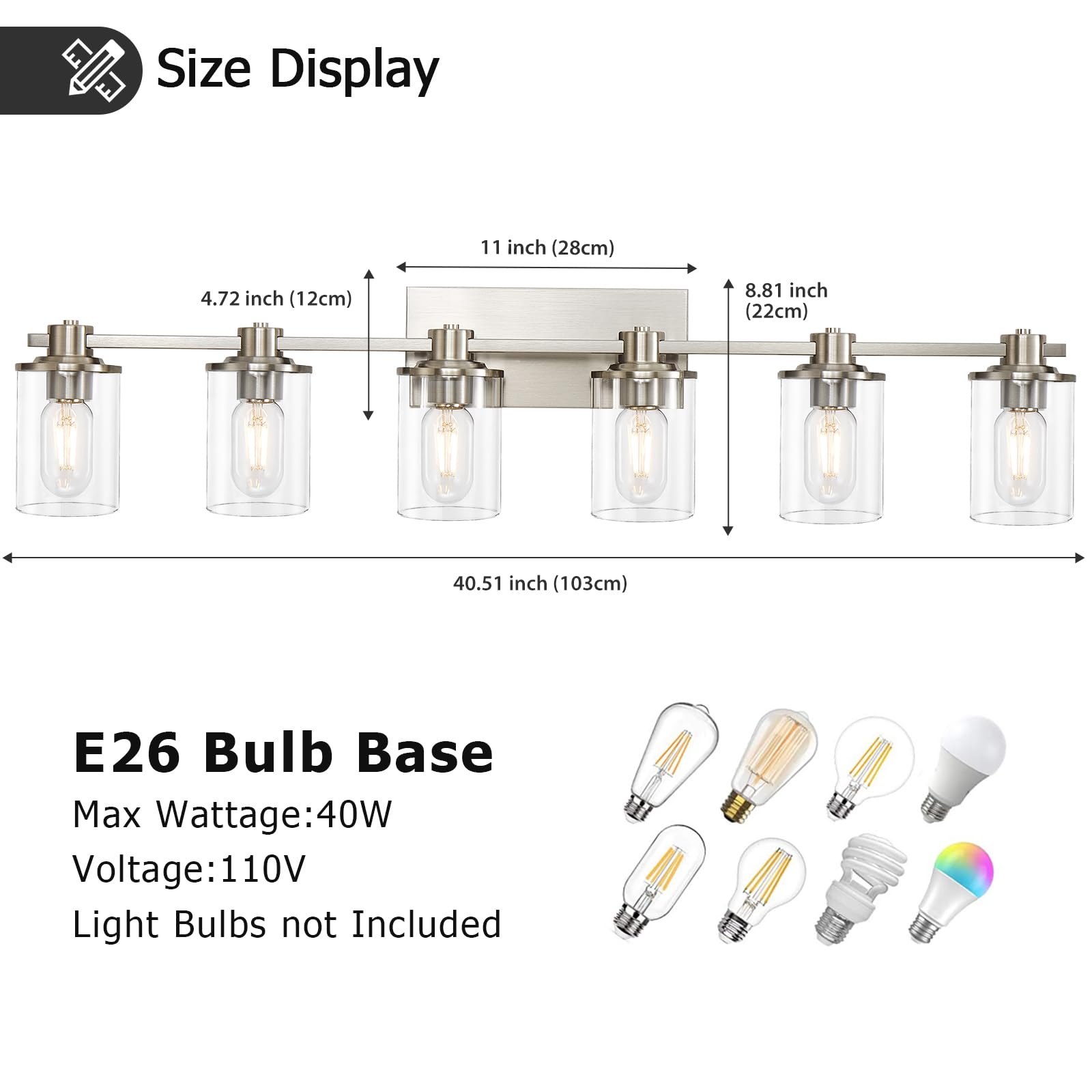 Brushed Nickel Bathroom Vanity Light Fixture - 6-Light Wall Sconce with Clear Glass Shade for Bathroom Mirror Lighting | Perfect for Modern Home Decor & Spa-Like Ambiance