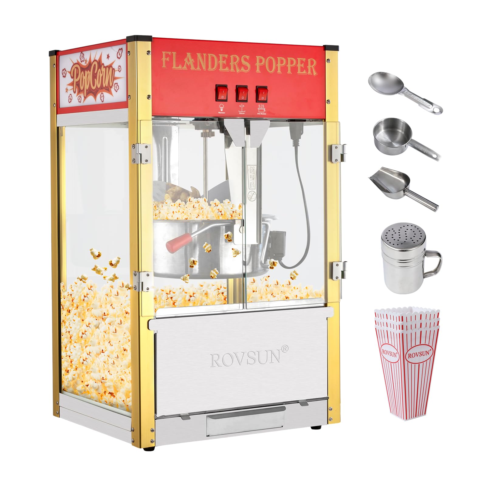 ROVSUN Commercial Popcorn Machine - 16oz Stainless Steel Kettle Countertop Popcorn Maker with Scoop, Oil Spoon & 3 Cups - Perfect for Home Theater, Parties, Carnivals and Movie Nights (Red)